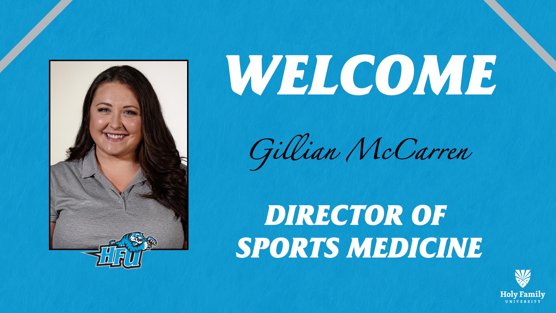A graphic welcoming Gillian McCarren as the director of sports medicine, featuring her headshot