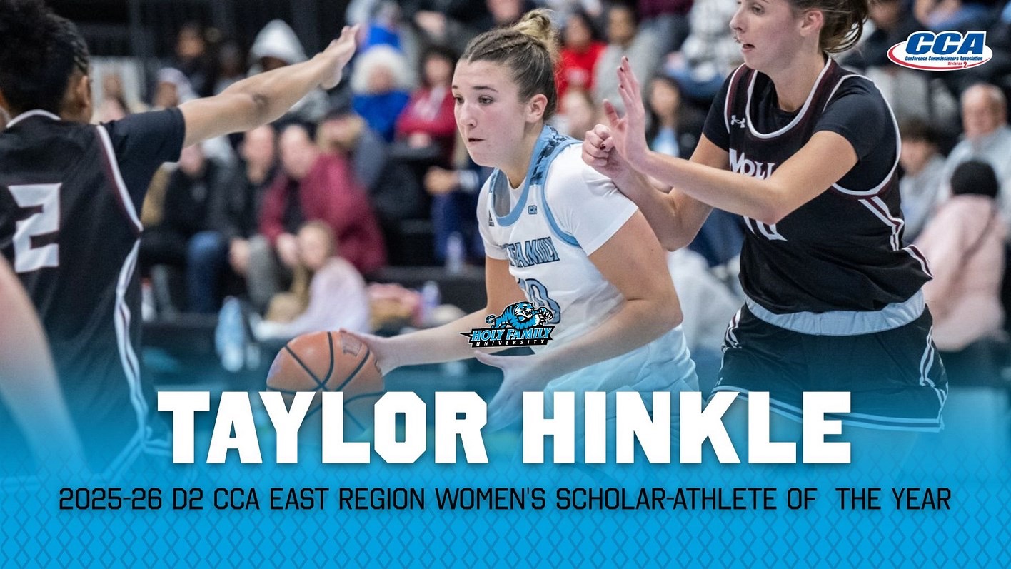 A graphic for HFU's Taylor Hinkle being named the 2025-26 D2 CCA East Region Female Scholar-Athlete of the Year