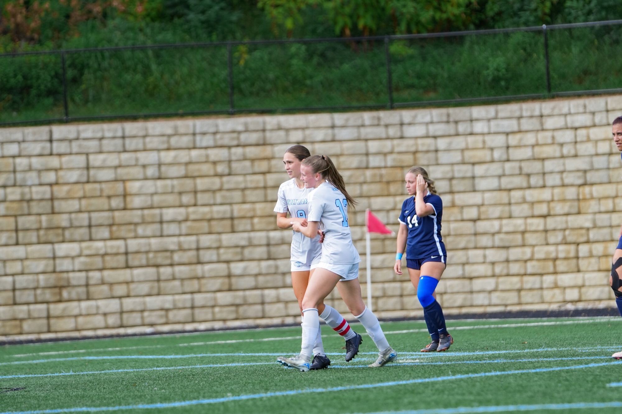 BridgetDickson and Gazelle Rowan holding hands, a defender behind them