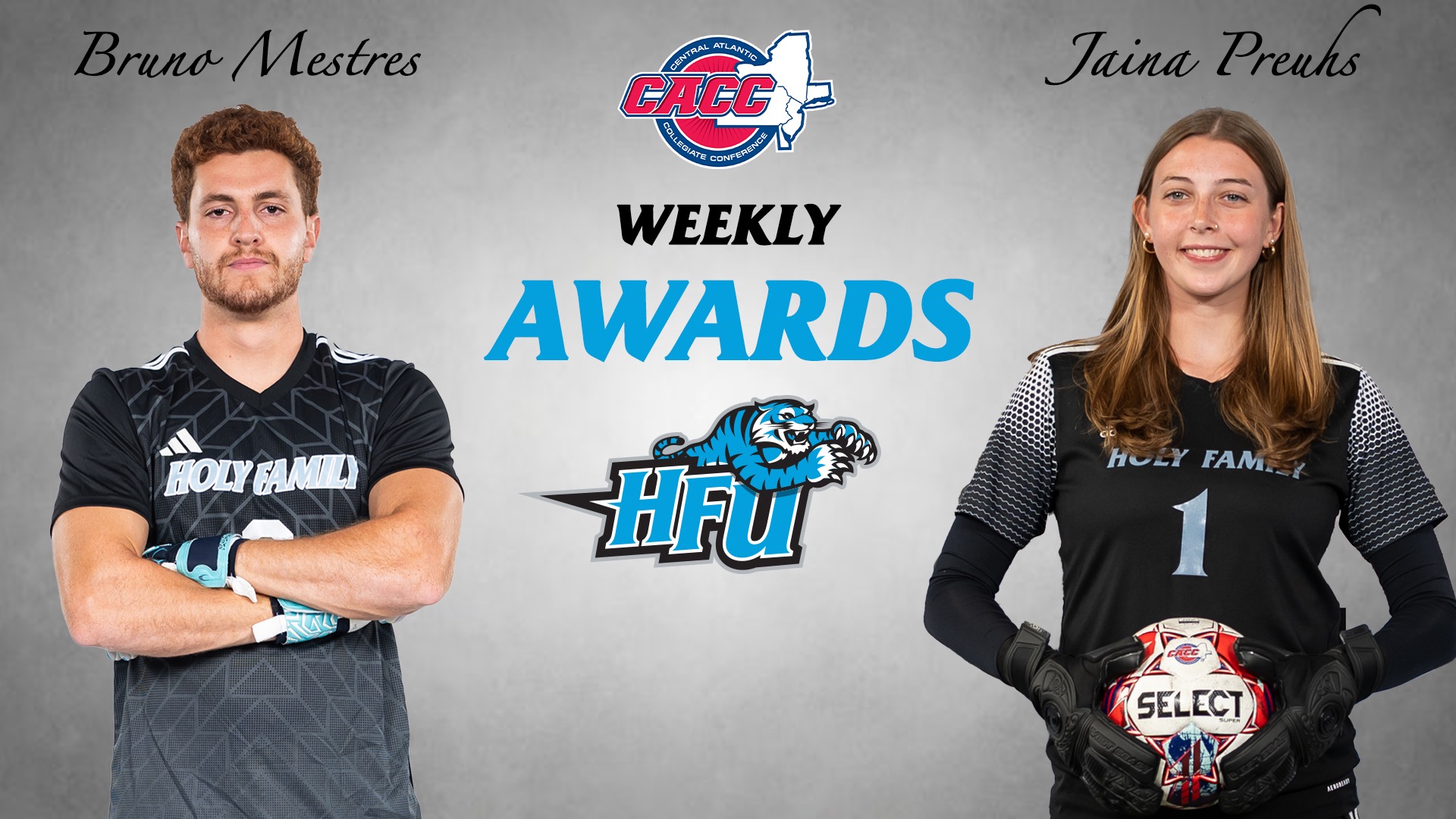 A graphic for Bruno Maestros and Jaina Preuhs being named the CACC Goalkeepers of the Wee