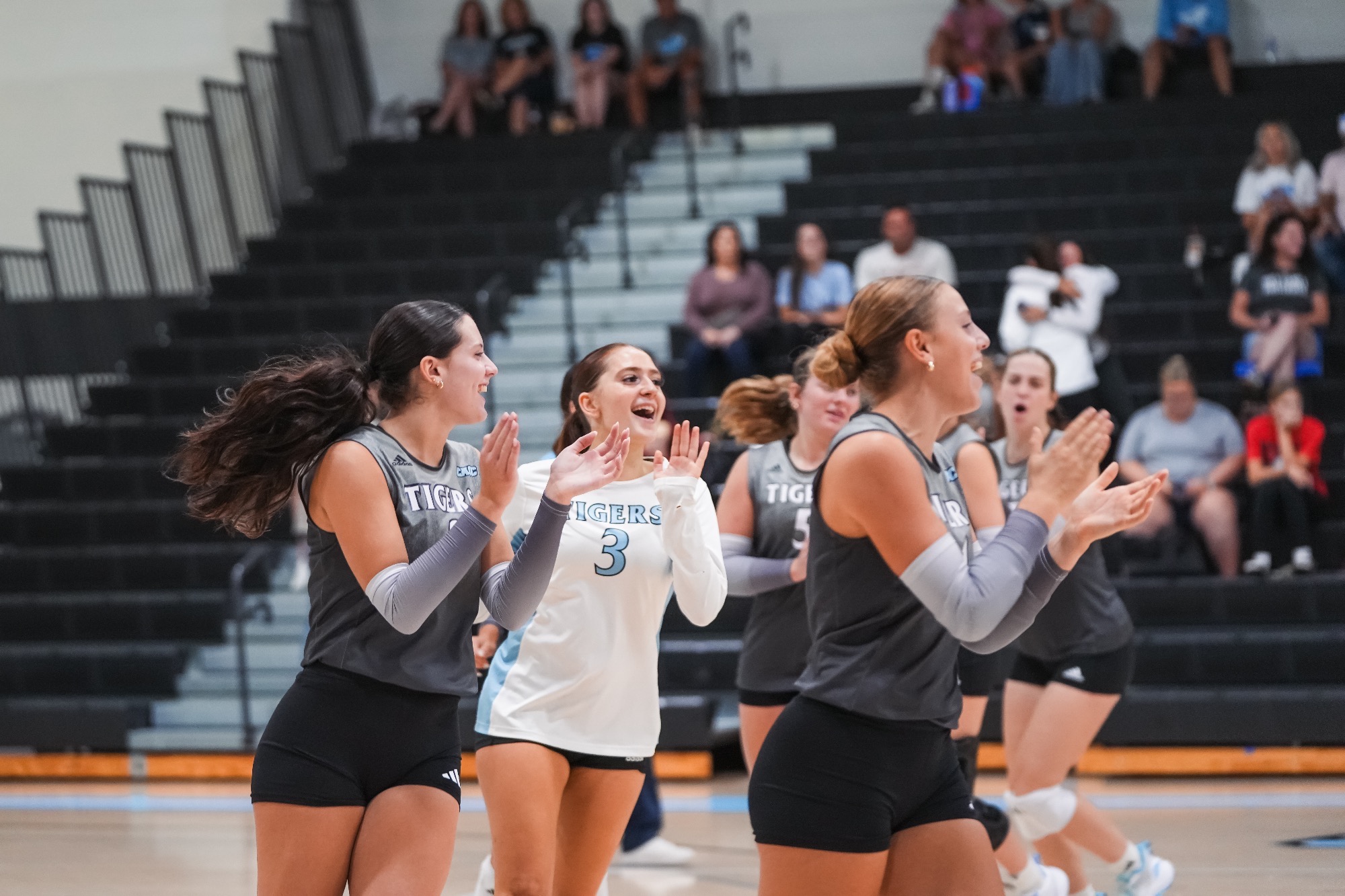 Mackenzie Layton, Morgan Marziani-Radsomski and Cadence Palmer smiling as the HFU Volleyball Team begins forming a huddle on court