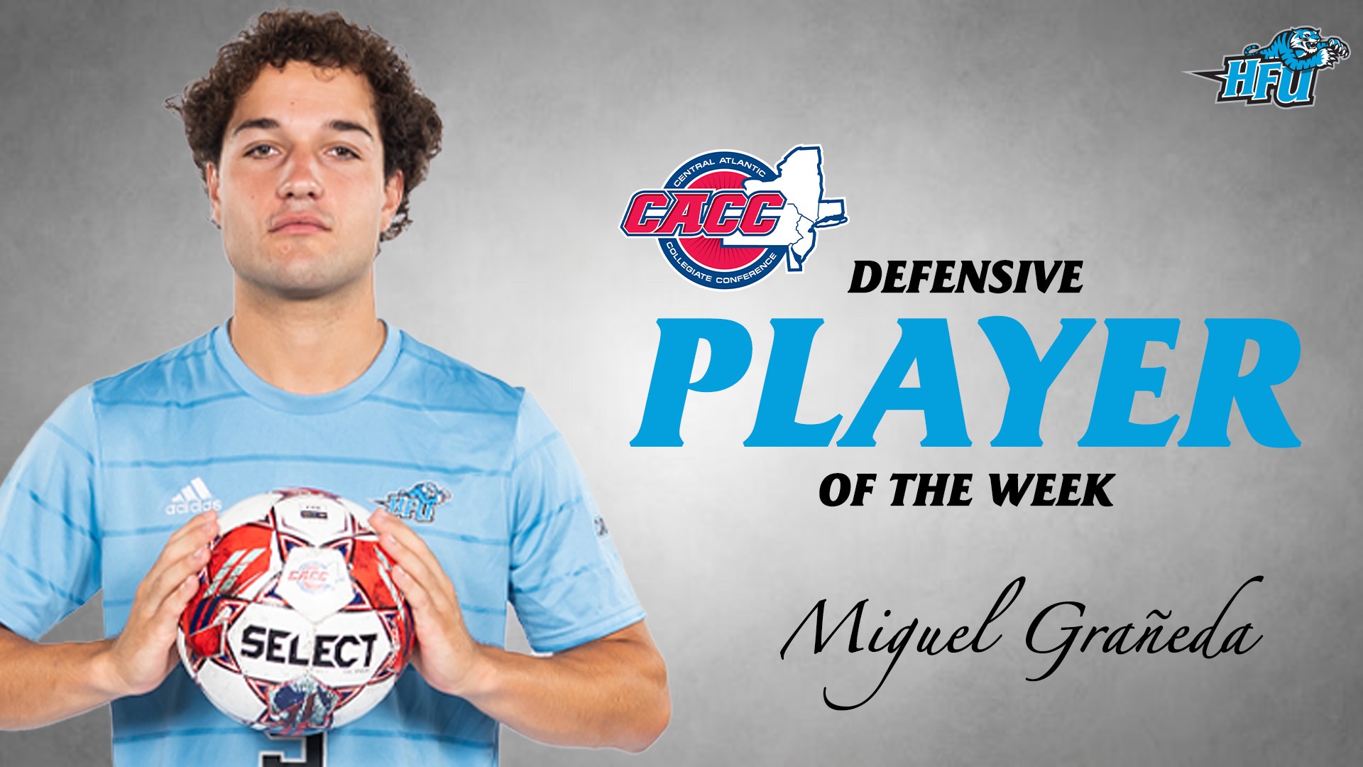 A graphic for HFU's Miguel Graneda being named the CACC Defensive Player of the Week
