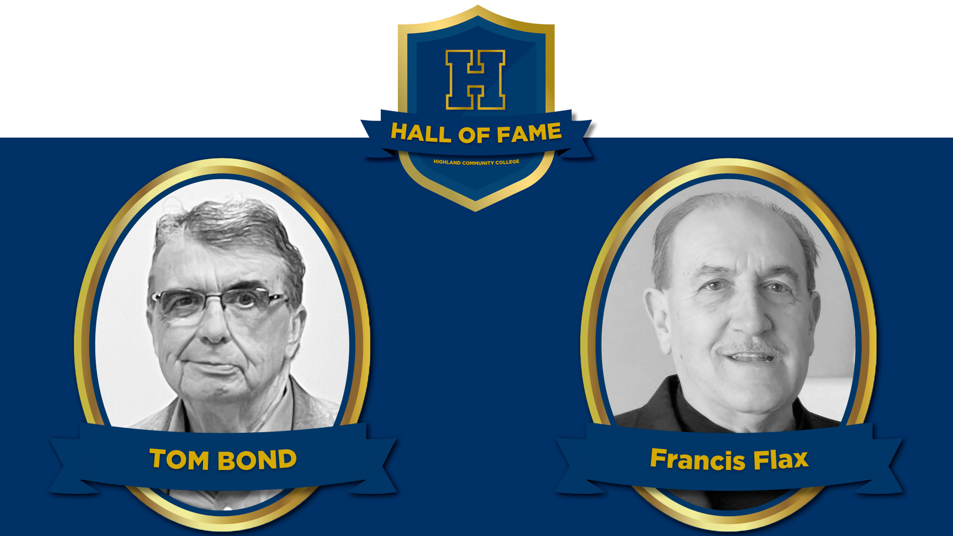 Graphic featuring photos of Tom Bond (left) and Francis Flax (right), 2024 inductees to the Highland Community College Athletic Hall of Fame
