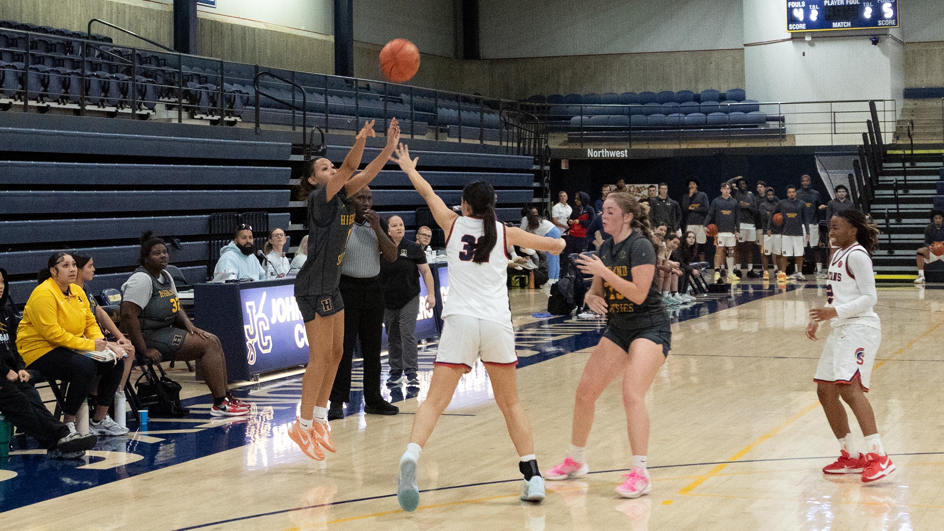 Brittany Jones knocks down a three-pointer against Southwestern Community College