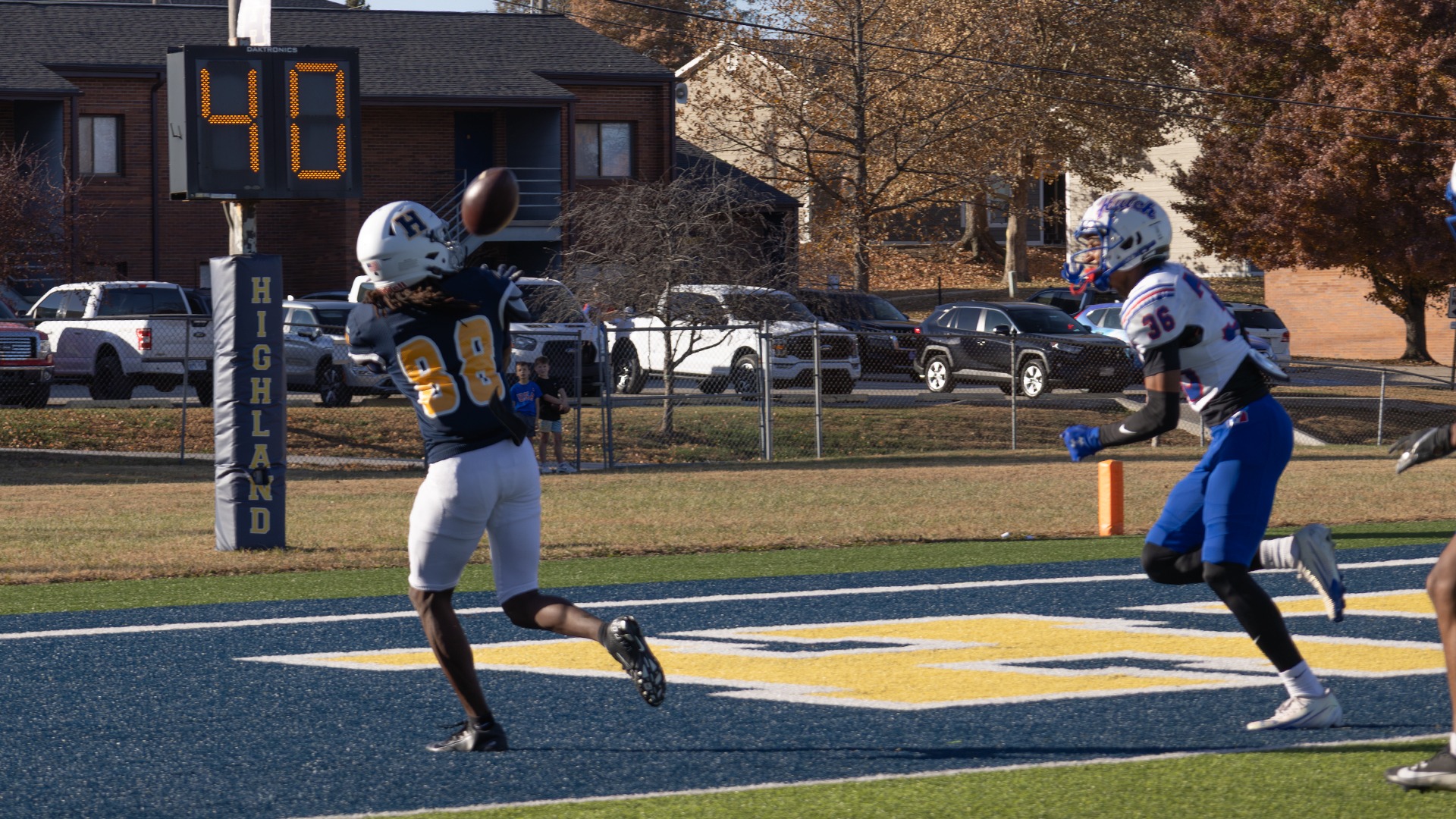Ceedee Williams (88) hauls in an over-the-shoulder catch on a 19-yard pass from Kahliek Rainey (not pictured) during Highland's 49-7 loss to no. 1 Hutchinson