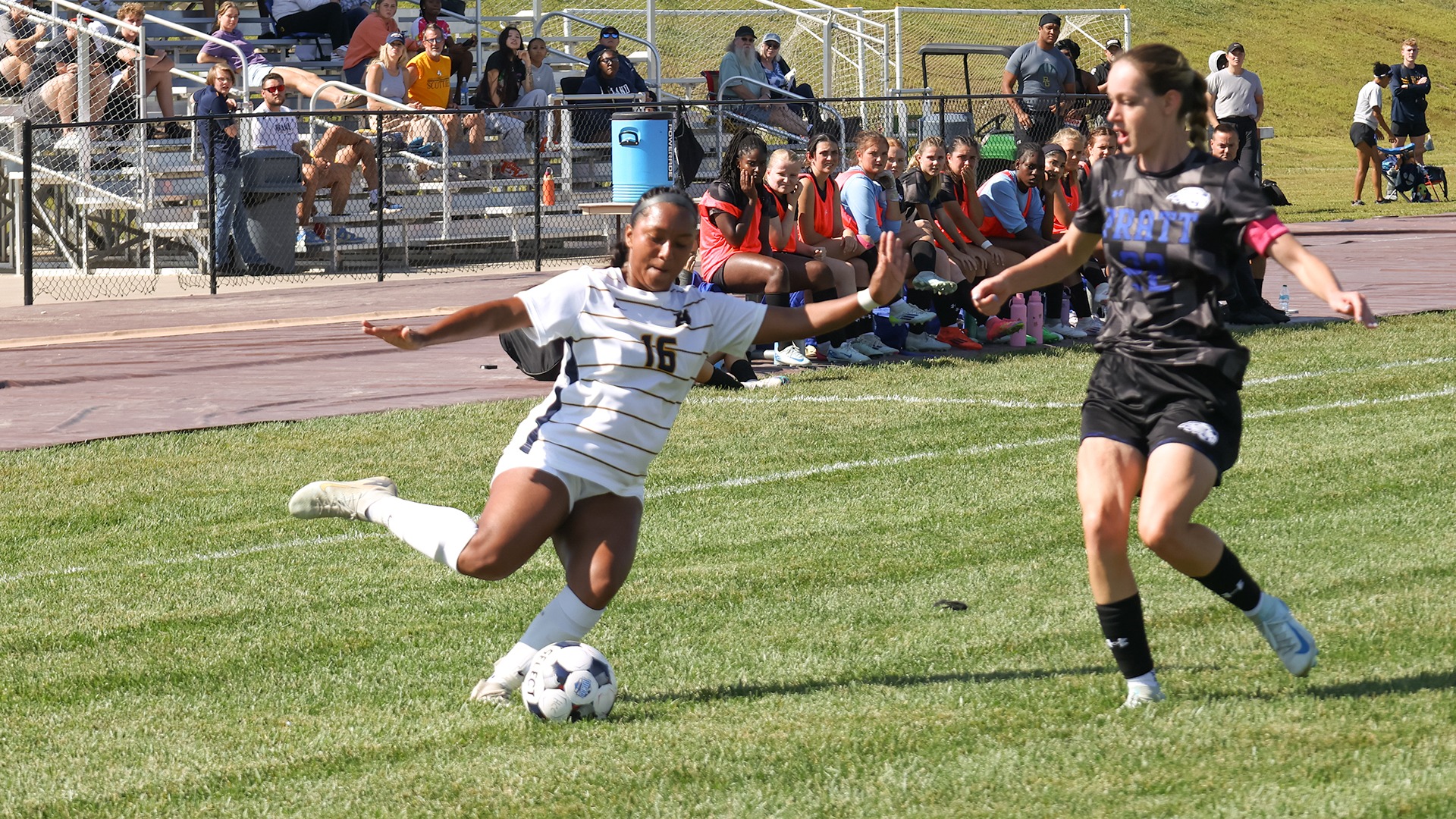 Ashley Romero plays in a cross against Pratt Community College