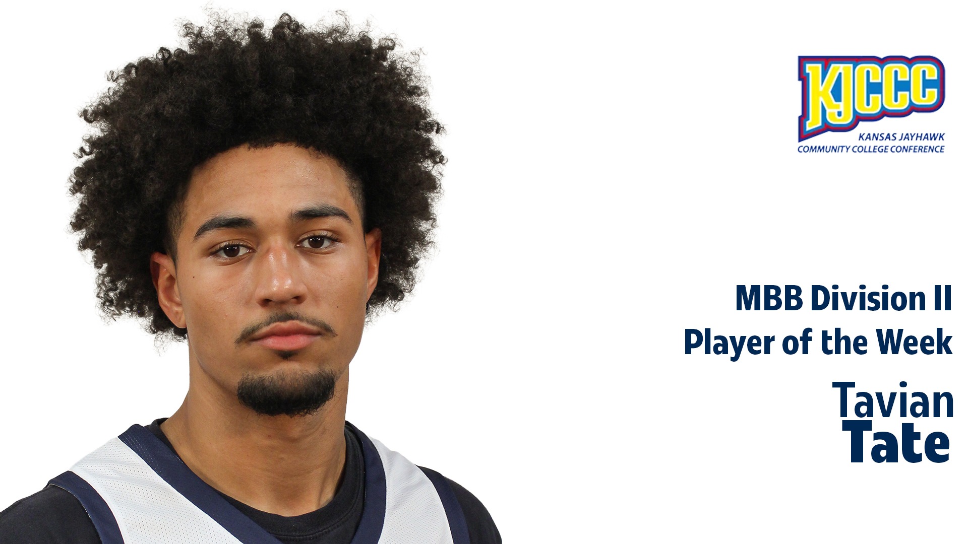 Infographic recognizing Tavian Tate as the KJCCC Division 2 Men's Basketball Player of the Week