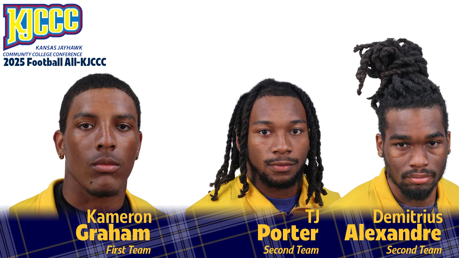 Infographic featuring headshots of All-KJCCC honorees Kameron Graham (First Team), TJ Porter (Second Team) and Demitrius Alexandre (Second Team)