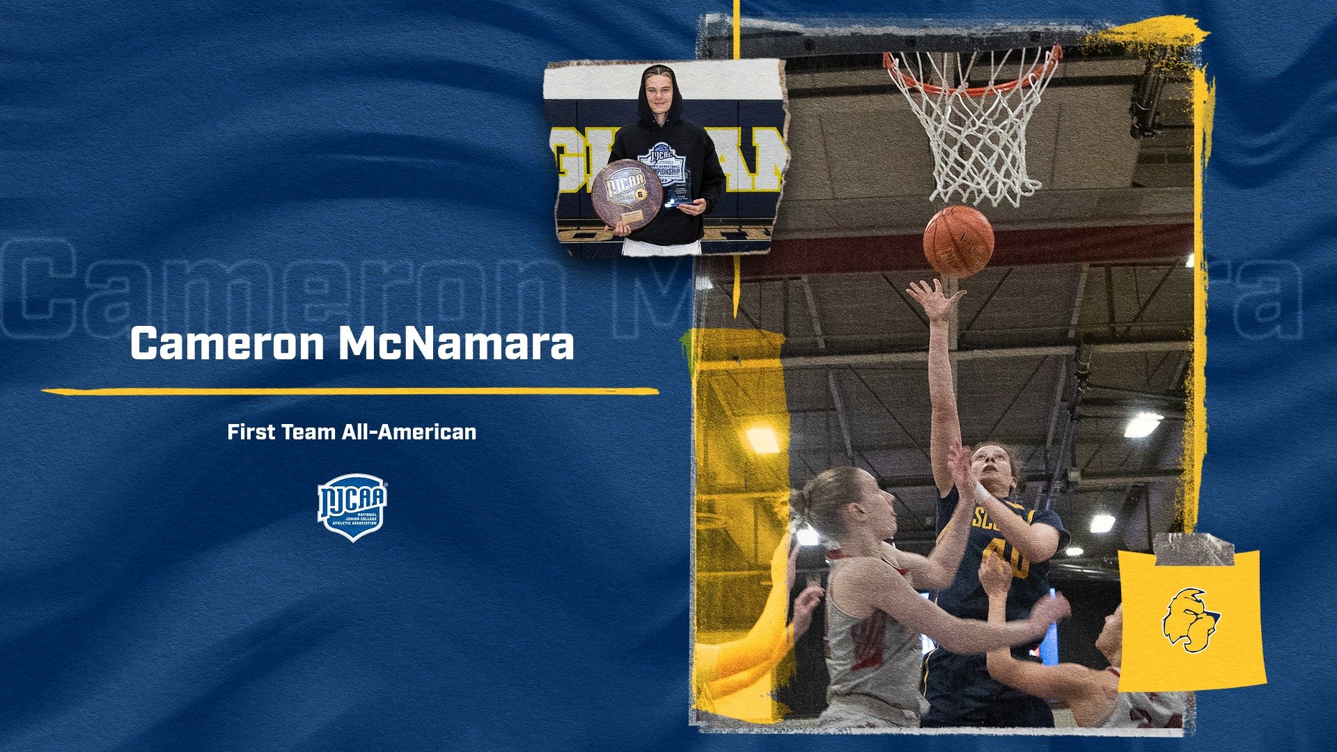 Graphic featuring two photos of Cameron McNamara and the logos of Highland Community College and the NJCAA - text reads: Cameron McNamara / First Team All-American