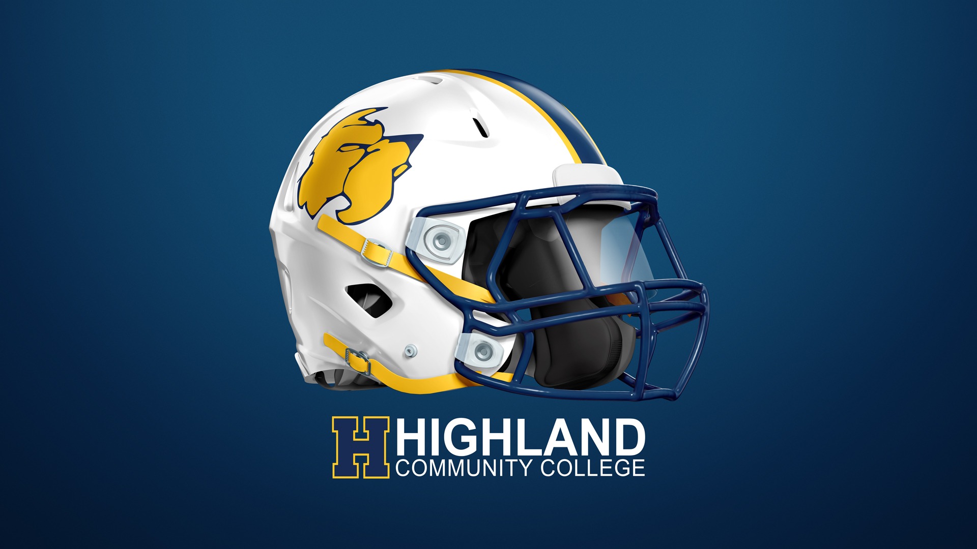 A white Highland football helmet on a blue background; Horizontal HCC logo centered at bottom.