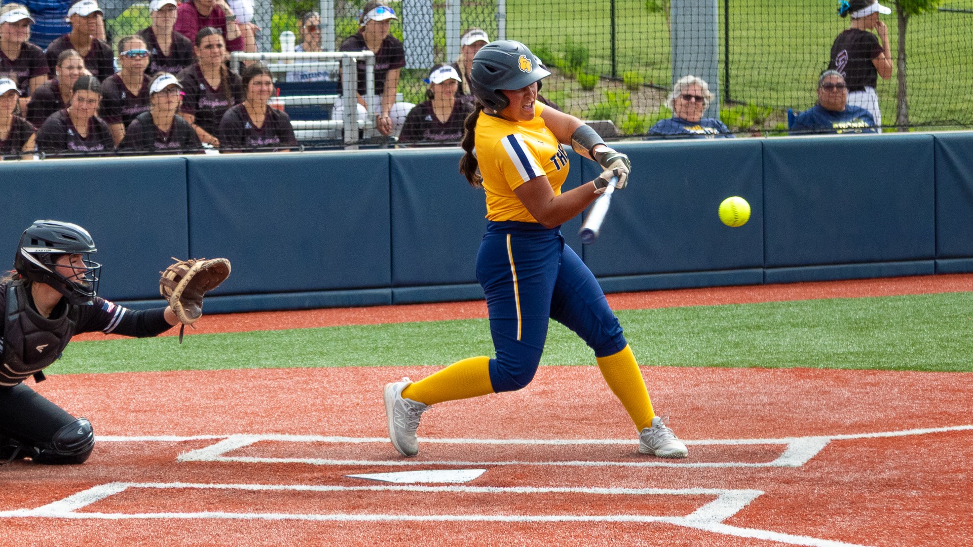 Alaryce Millard connects on a double during Highland's NJCAA Plains District Championship game against Labette Community College