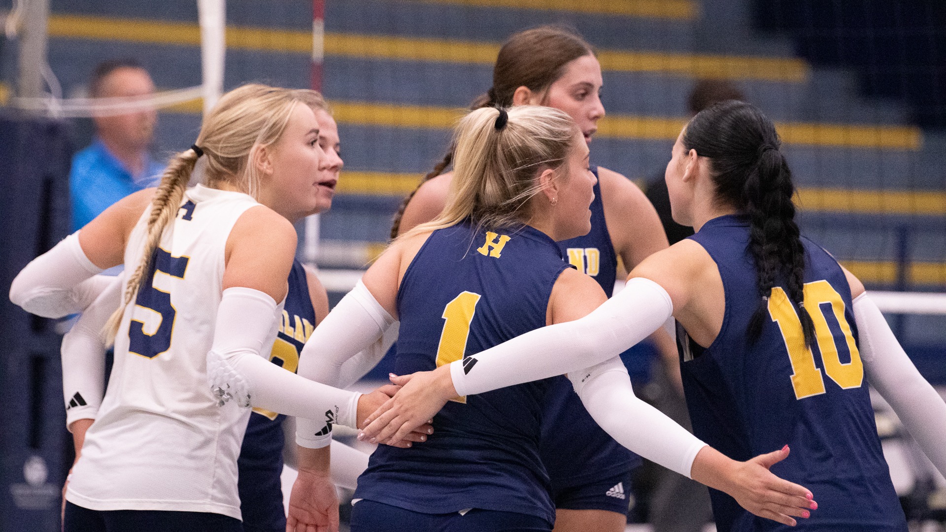 Highland celebrates after a point against Missouri Valley College