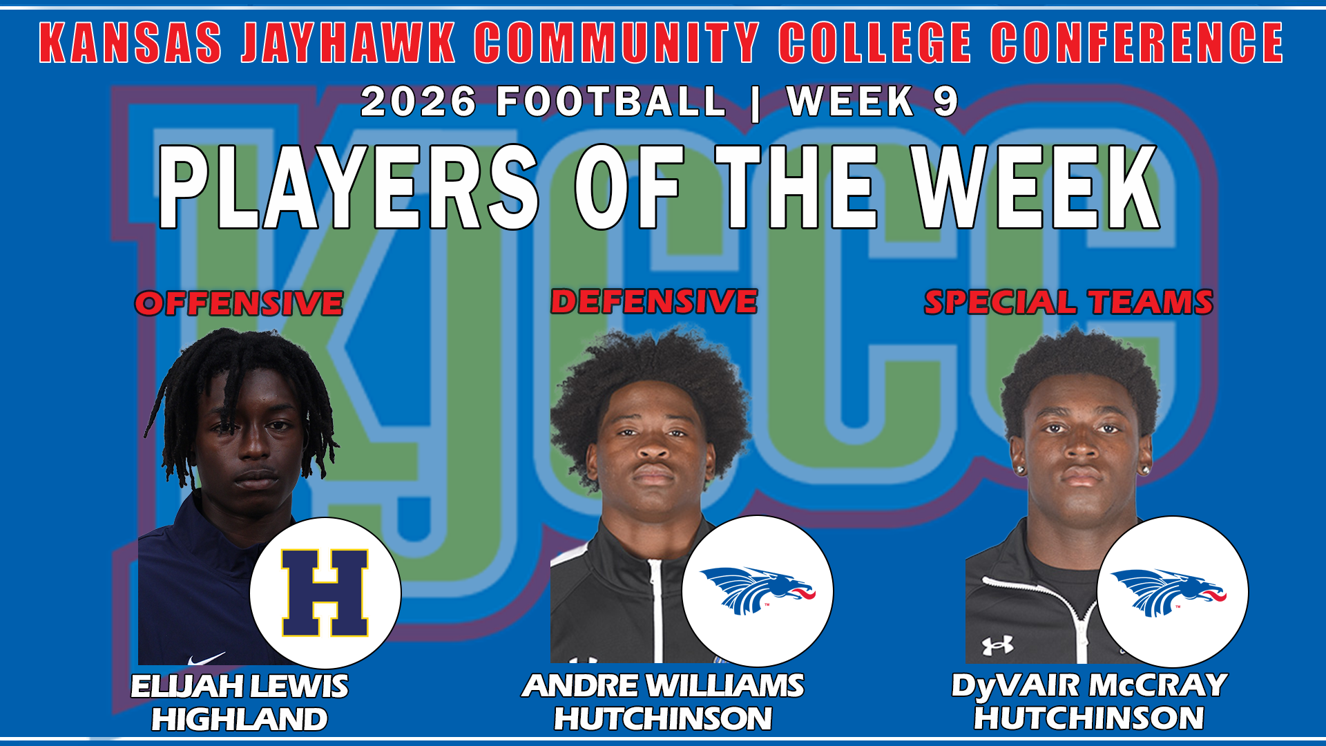 KJCCC Story Highlight for Week 9 highlights 3 football players, a HCC athlete being one of them.