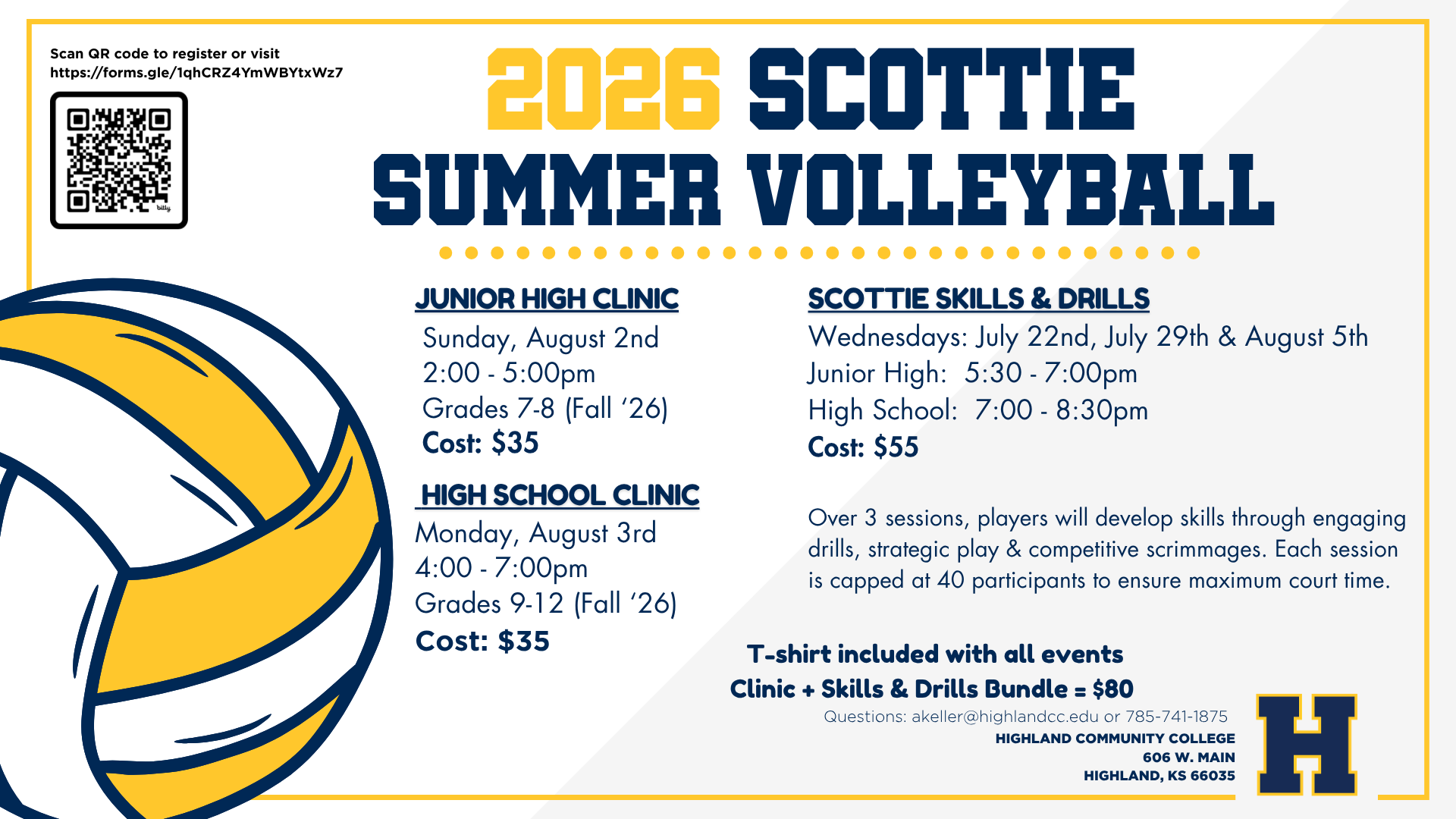 2026 Scottie Volleyball Clinics with times and dates for registration in Aug 2 and Aug 3 and July 22, July 29, and Aug 9