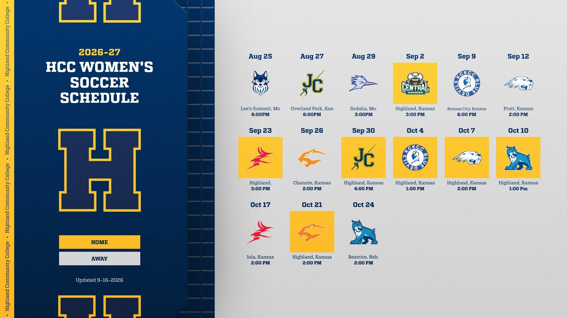 Women's Soccer 2026 Schedule Revised (Sept) includes mascots with dates