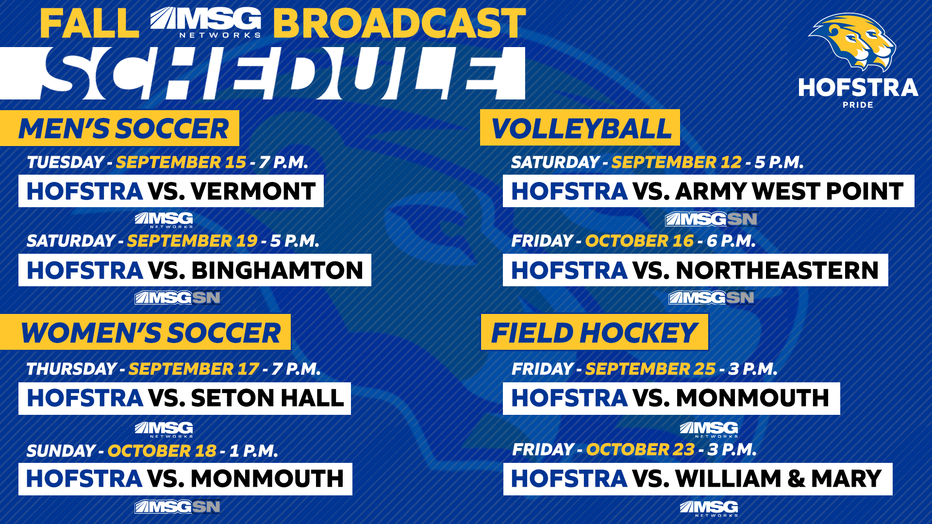 Fall 2026 MSG Broadcast Schedule