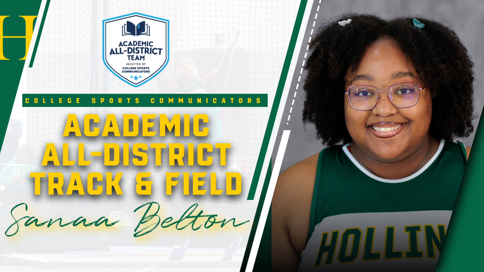 Sanaa Belton earns CSC Academic award, with head shot and action photo in the background