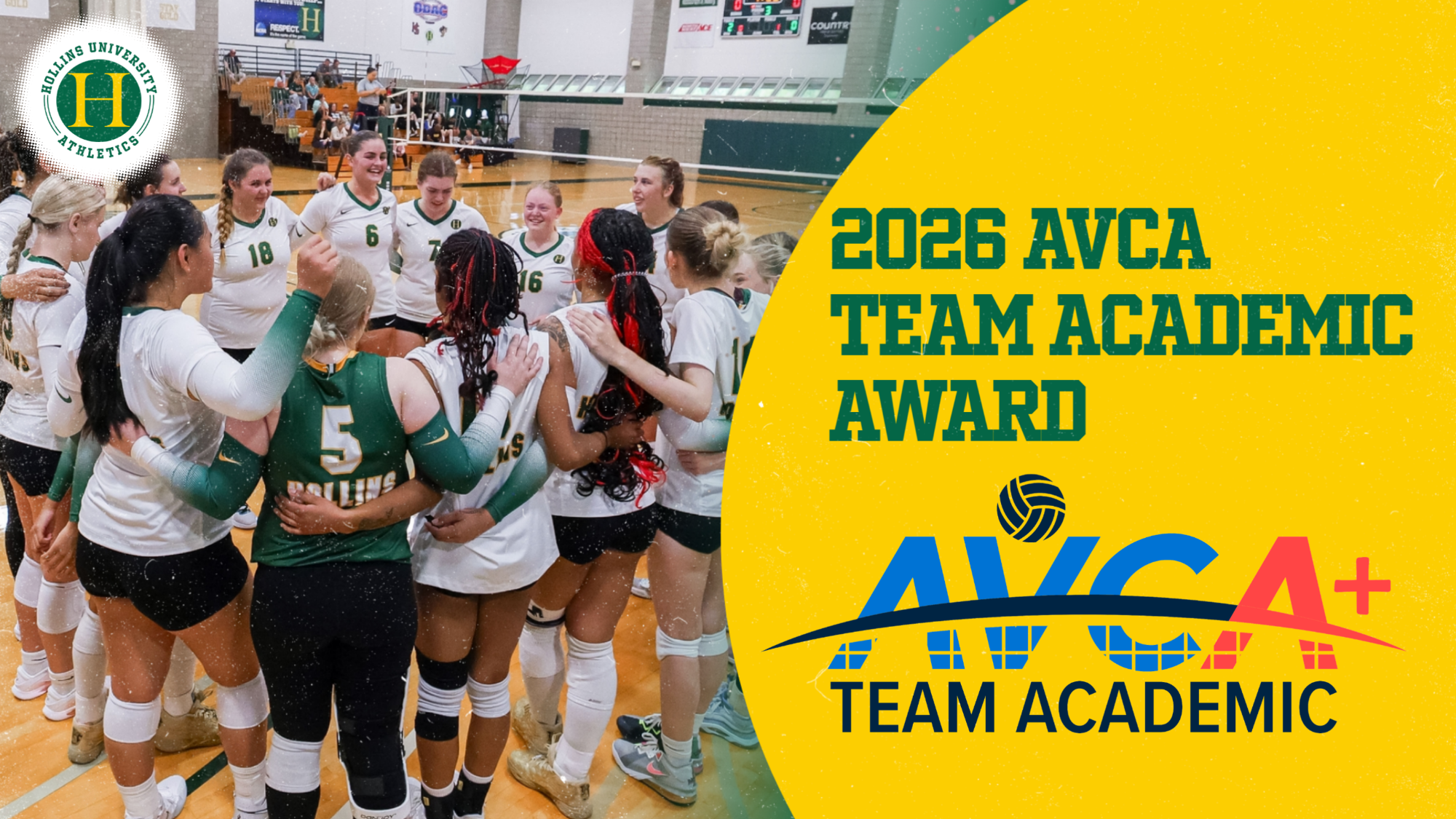 2026 AVCA Academic Team Award w/logos and a team huddle photo