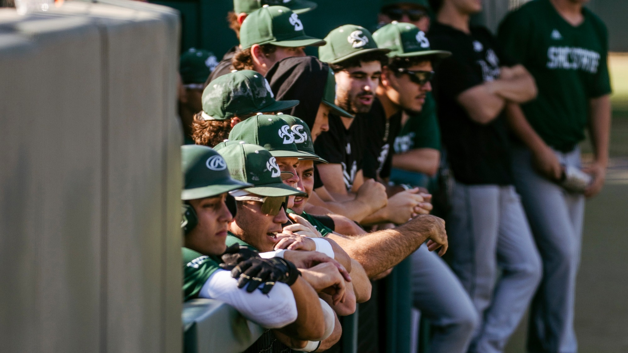 2026 BSB players on the dugout rail during a fall baseball game