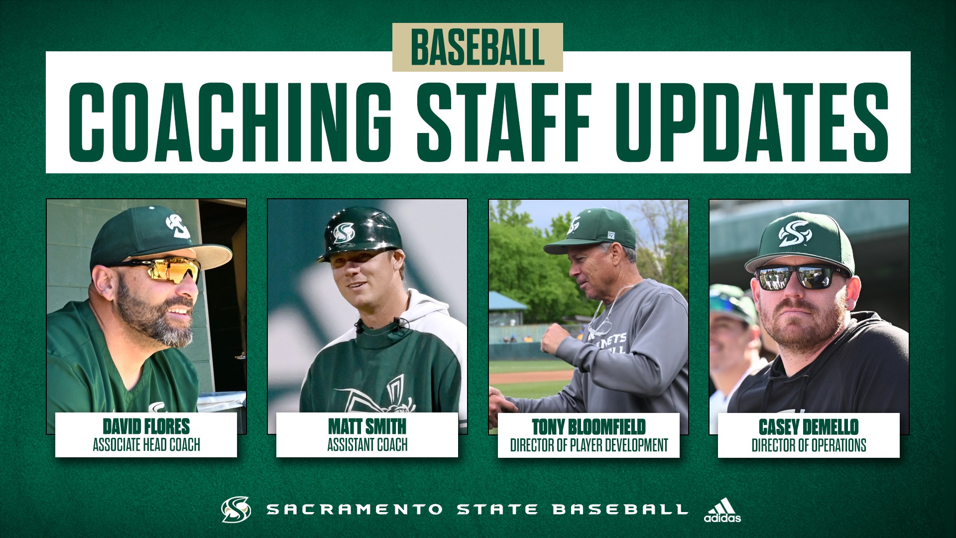 2026 BSB Coaching staff update graphic with David Flores, Matt Smith, Tony Bloomfield, and Casey DeMello