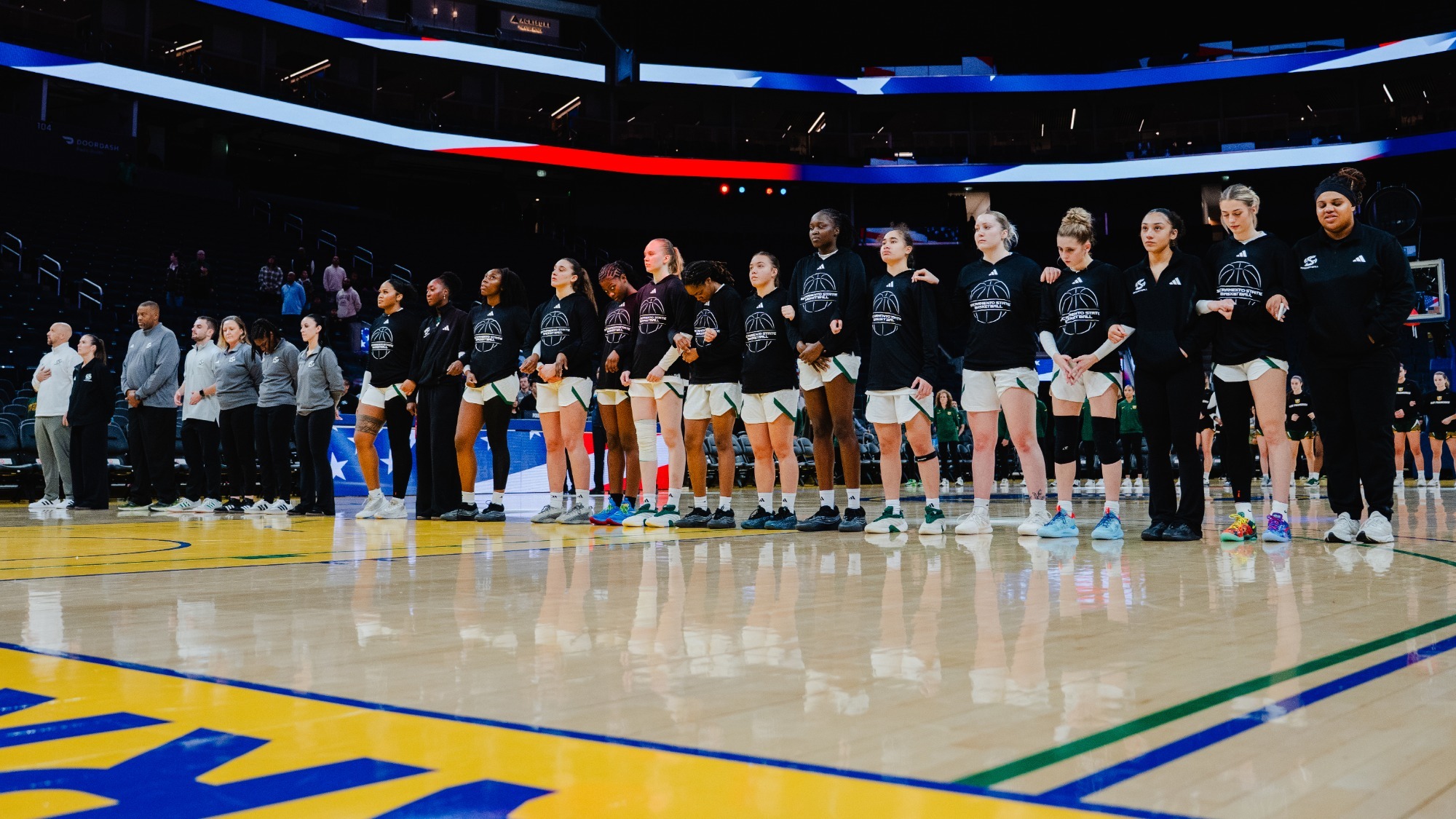 2025-26 WBB team line up for the National Anthem at the Chase Center vs. San Francisco
