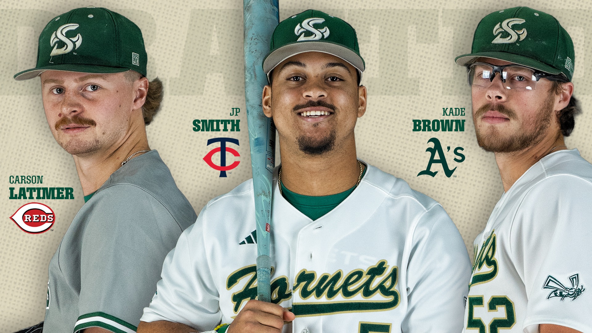 2025 Sacramento State Major League Baseball Draftees graphic featuring Carson Latimer, JP Smith, and Kade Brown from left to right