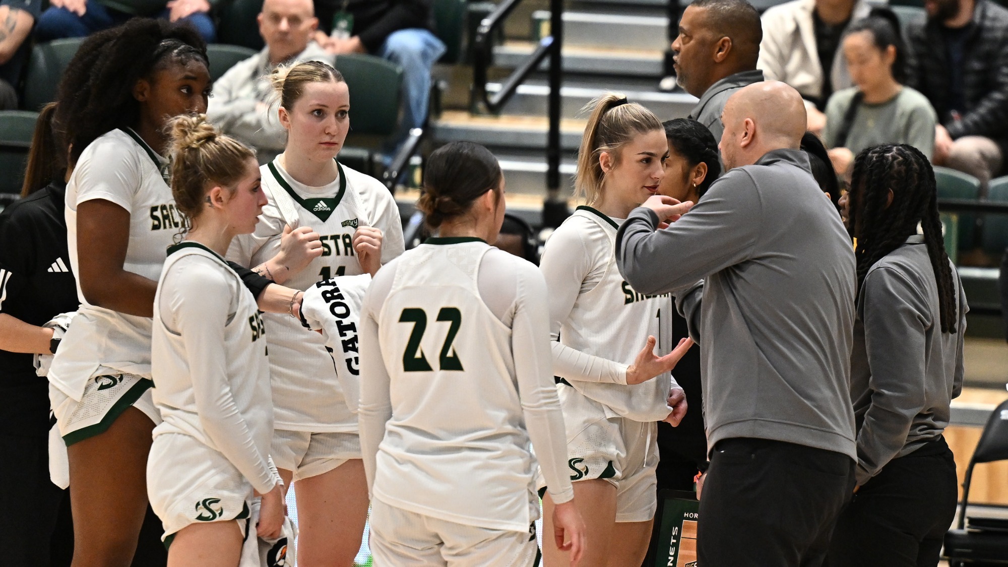 2025-26 WBB team huddle during a timeout at home against Portland State