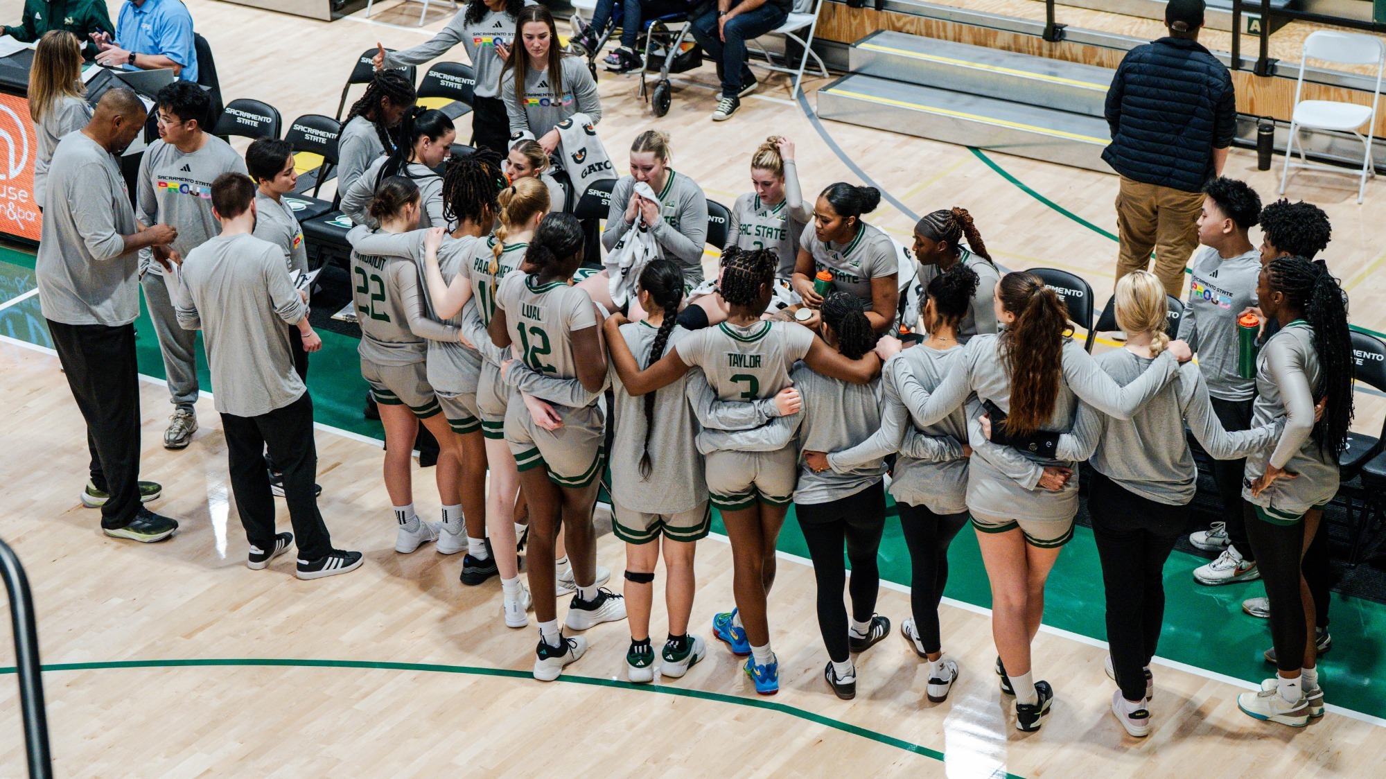2025-26 WBB Team huddle during a break in the action against Eastern Washington at home