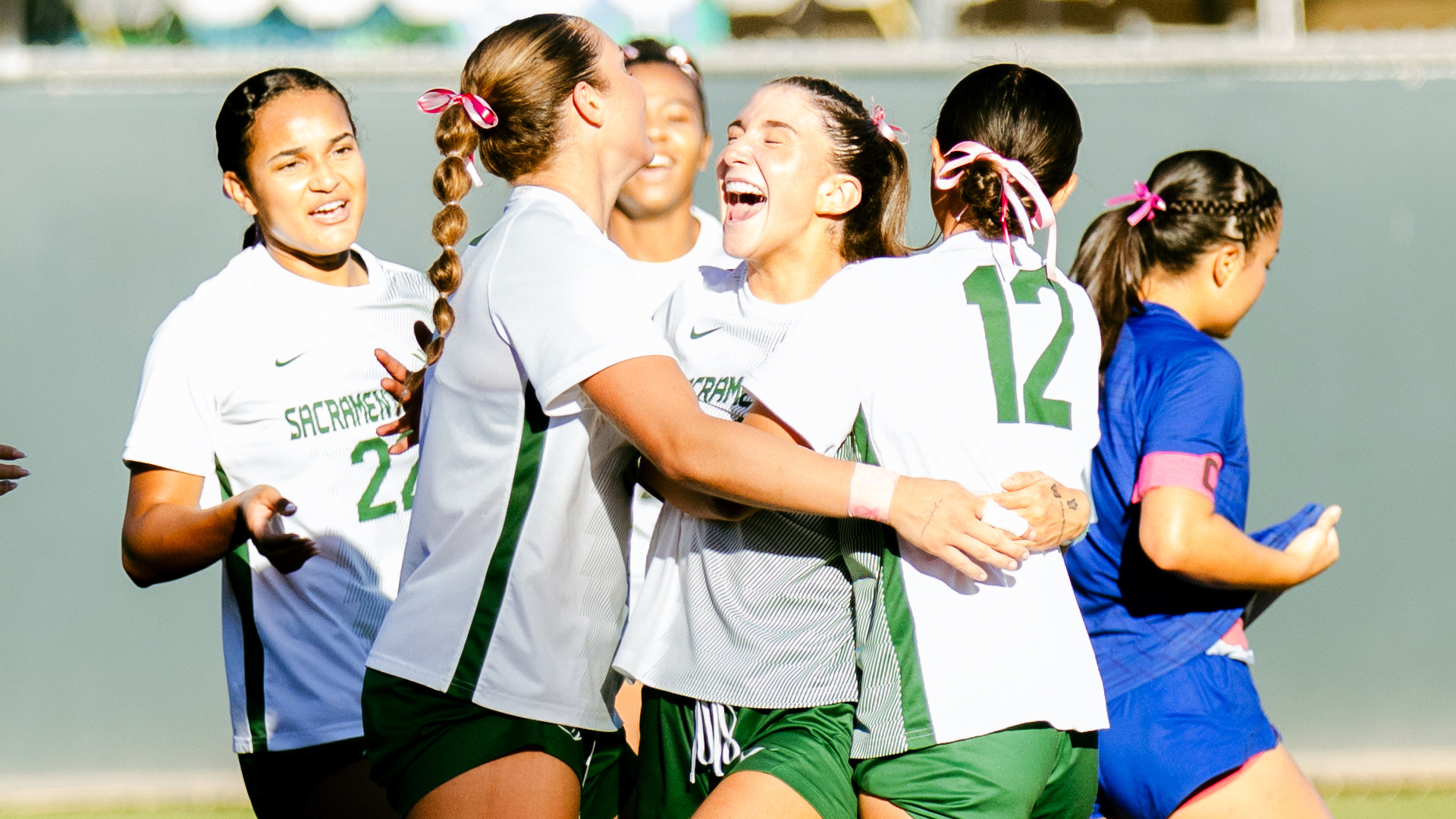 2026 WSOC Jules Colicho is celebrated by her teammates following her first career goal against Cal State Bakersfield