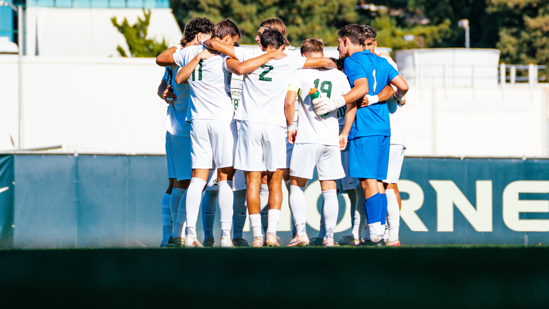 2026 MSOC Hornet starters huddle on their side of the field prior to kickoff against Pacific