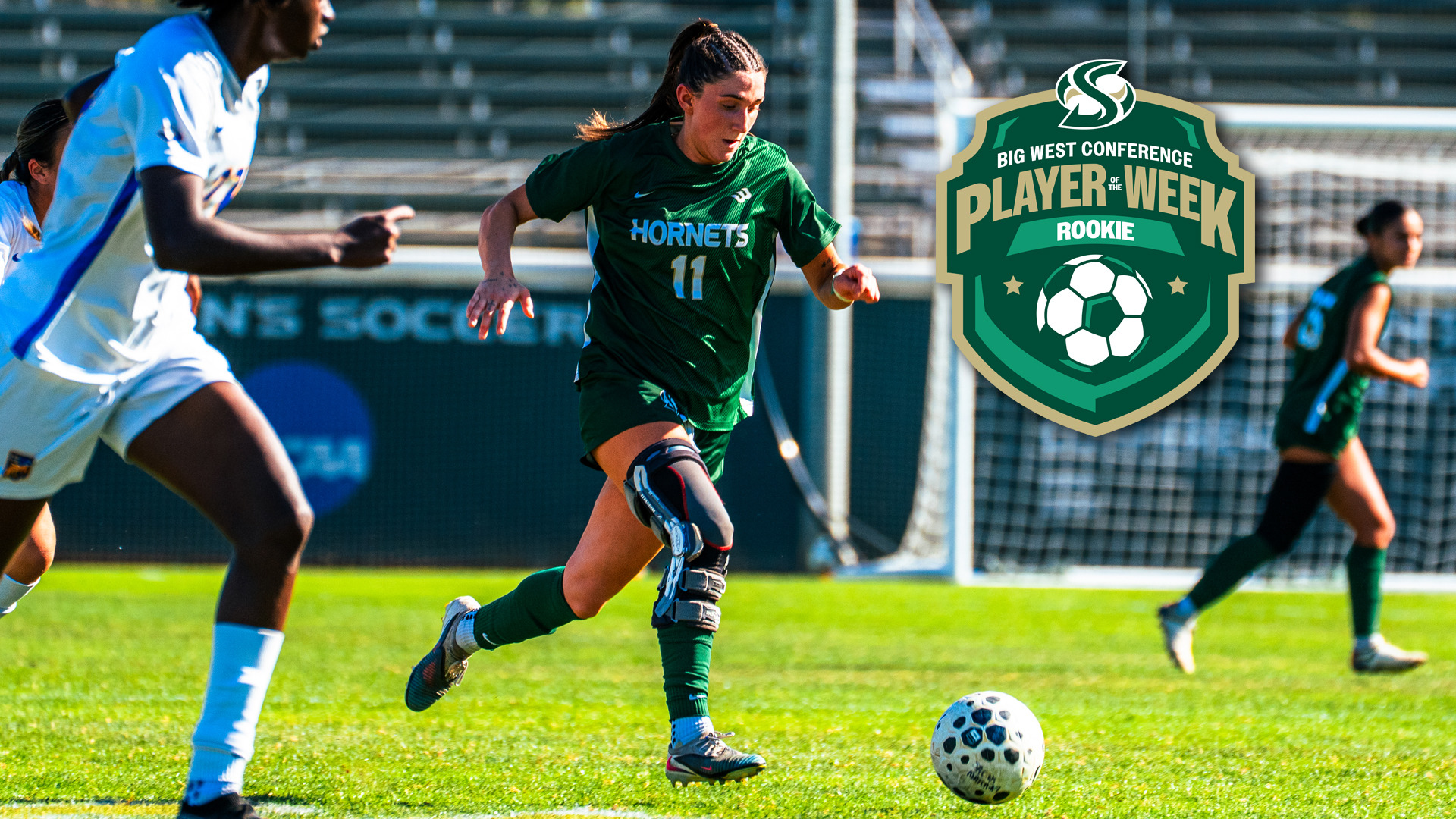 2026 WSOC photo of Jules Colchico dribbling a ball in a home match against UC Irvine with a Big West Rookie of the Week graphic