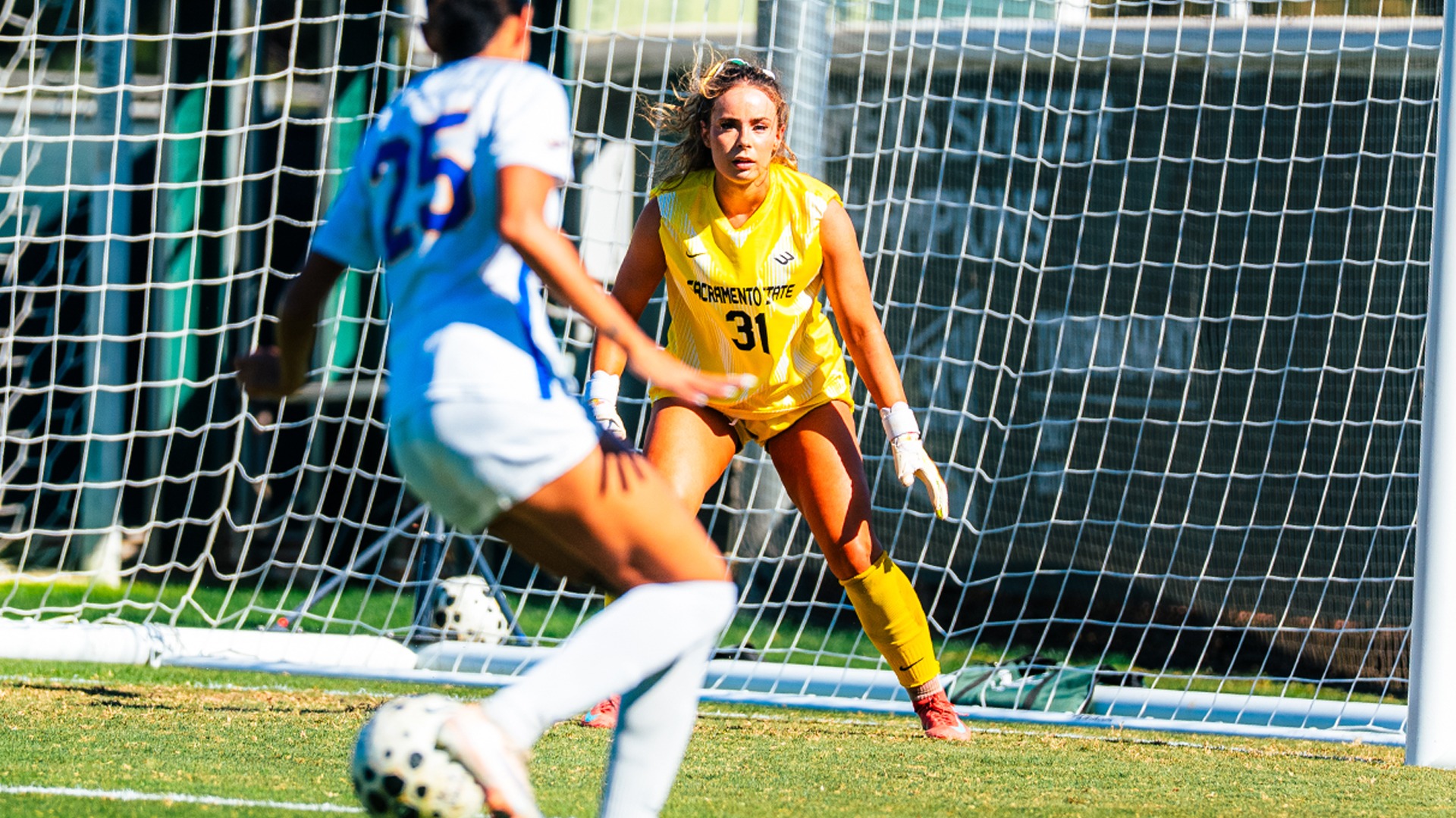 2026 WSOC Goalkeeper Hayley Hartsburg waits for a shot from an offensive player against UC Riverside