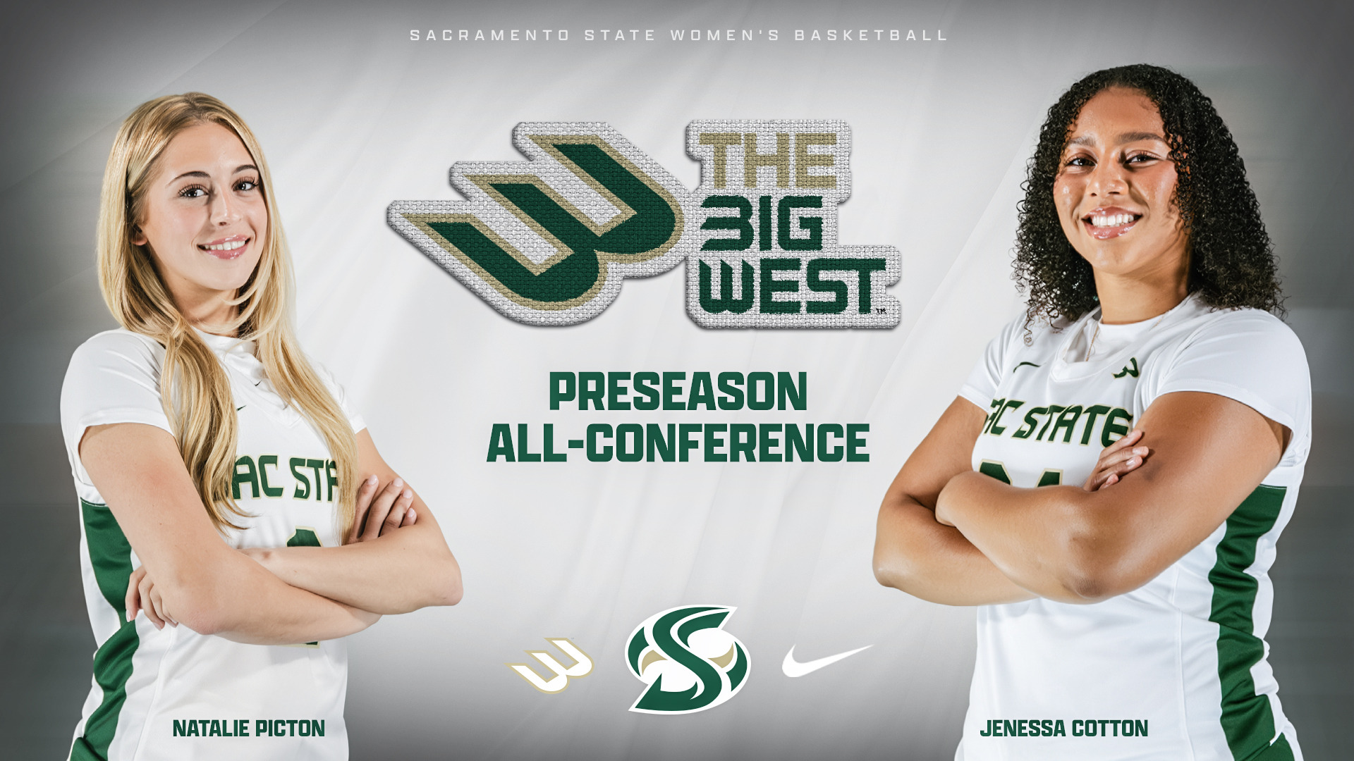 2026-27 WBB Preseason All-Big West graphic featuring photos of Natalie Picton and Jenessa Cotton