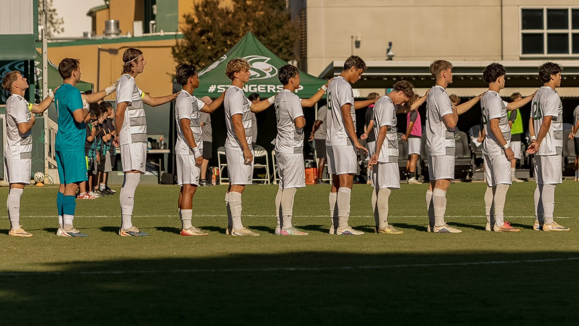 2026 MSOC Hornet starting lineup stands at midfield for the National Anthem prior to kickoff against Gonzaga