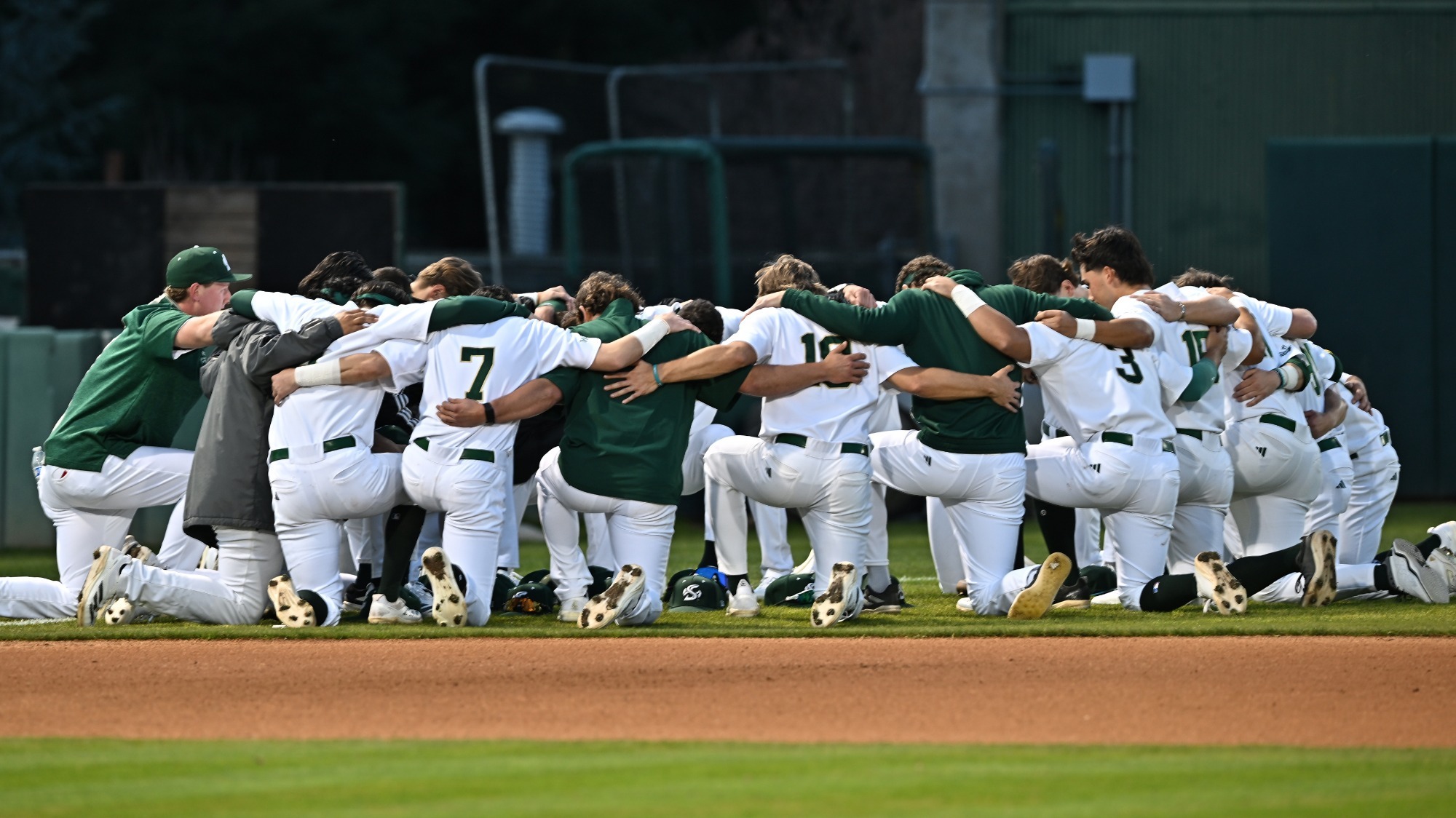 2026 BSB Team huddles prior to first pitch against UC Irvine in game one of their three-game series
