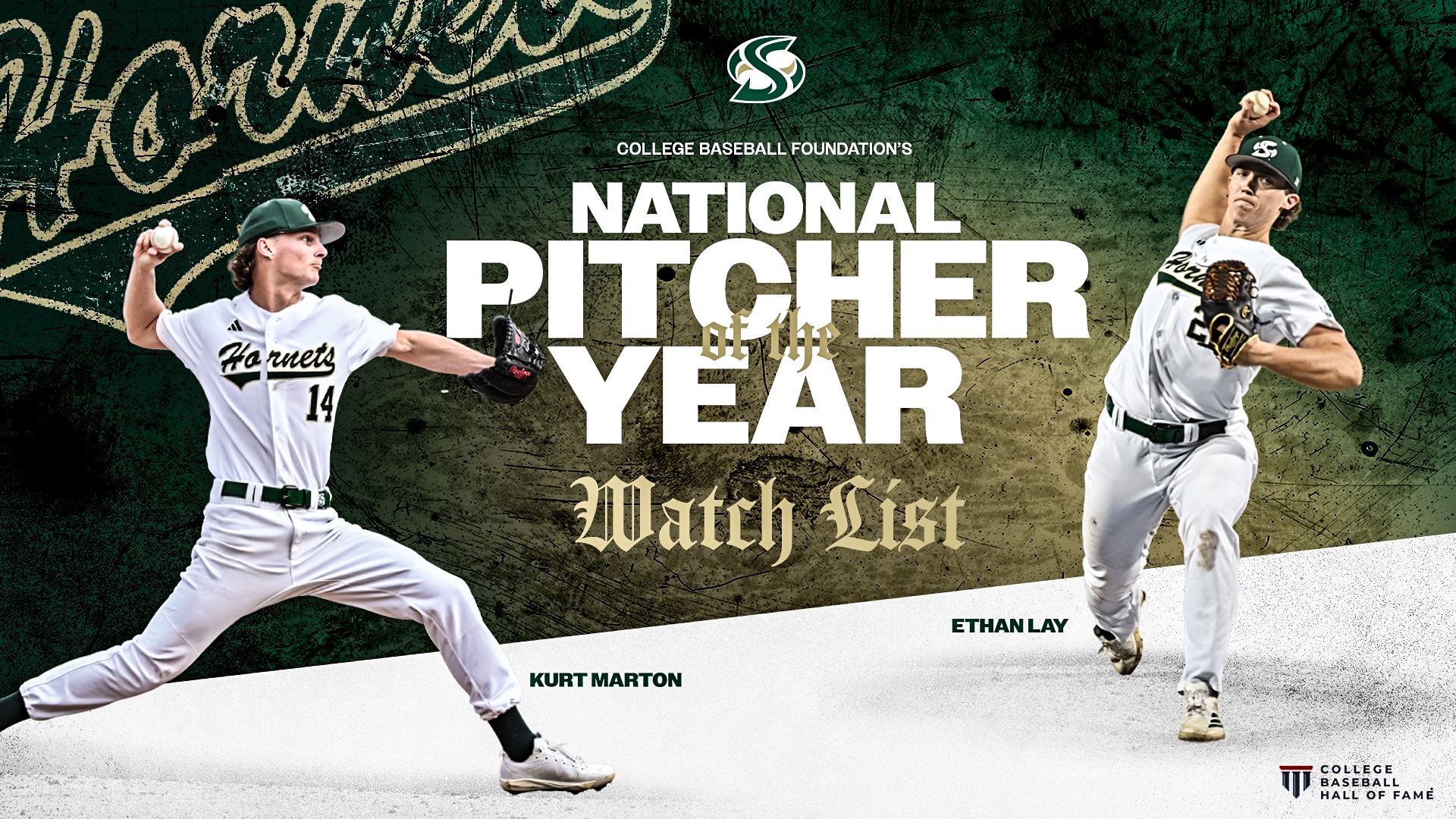 2026 BSB College Baseball Foundation National Pitcher of the Year Watch List graphic featuring Ethan Lay and Kurt Marton