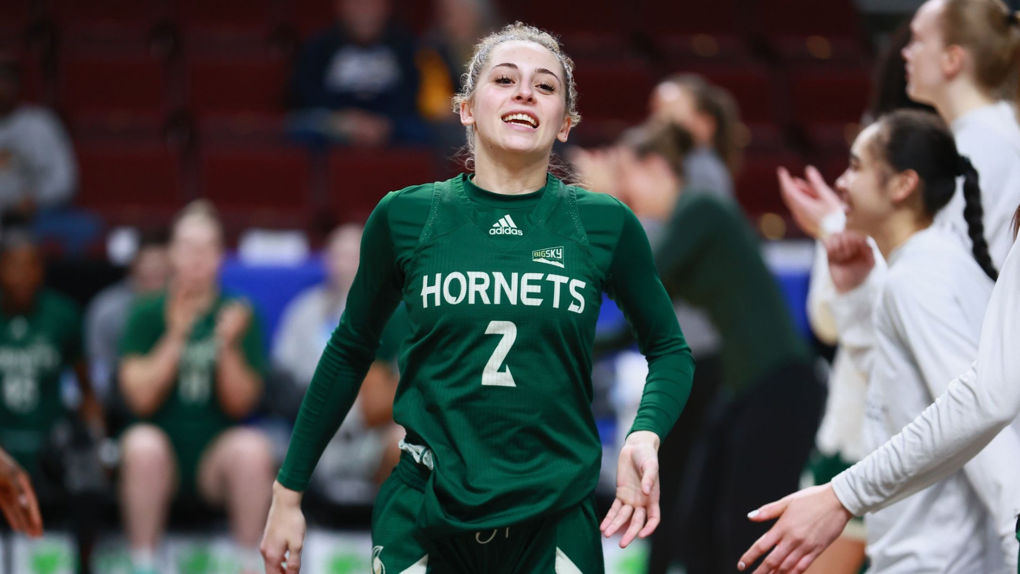 2025-26 WBB Natalie Picton smiles as she is introduced during starting lineups prior to tip-off against Idaho in the Big Sky semifinals