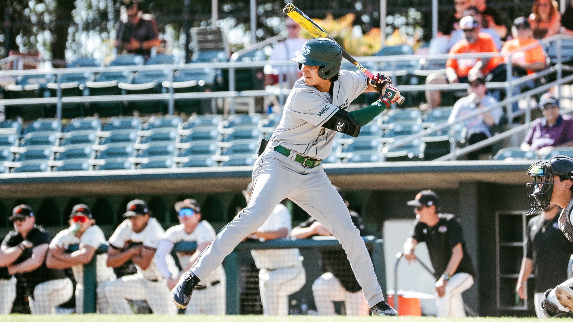 2026 BSB Erick Dessens readies for a pitch against a Pacific pitcher in the fourth meeting with the Tigers on March 14