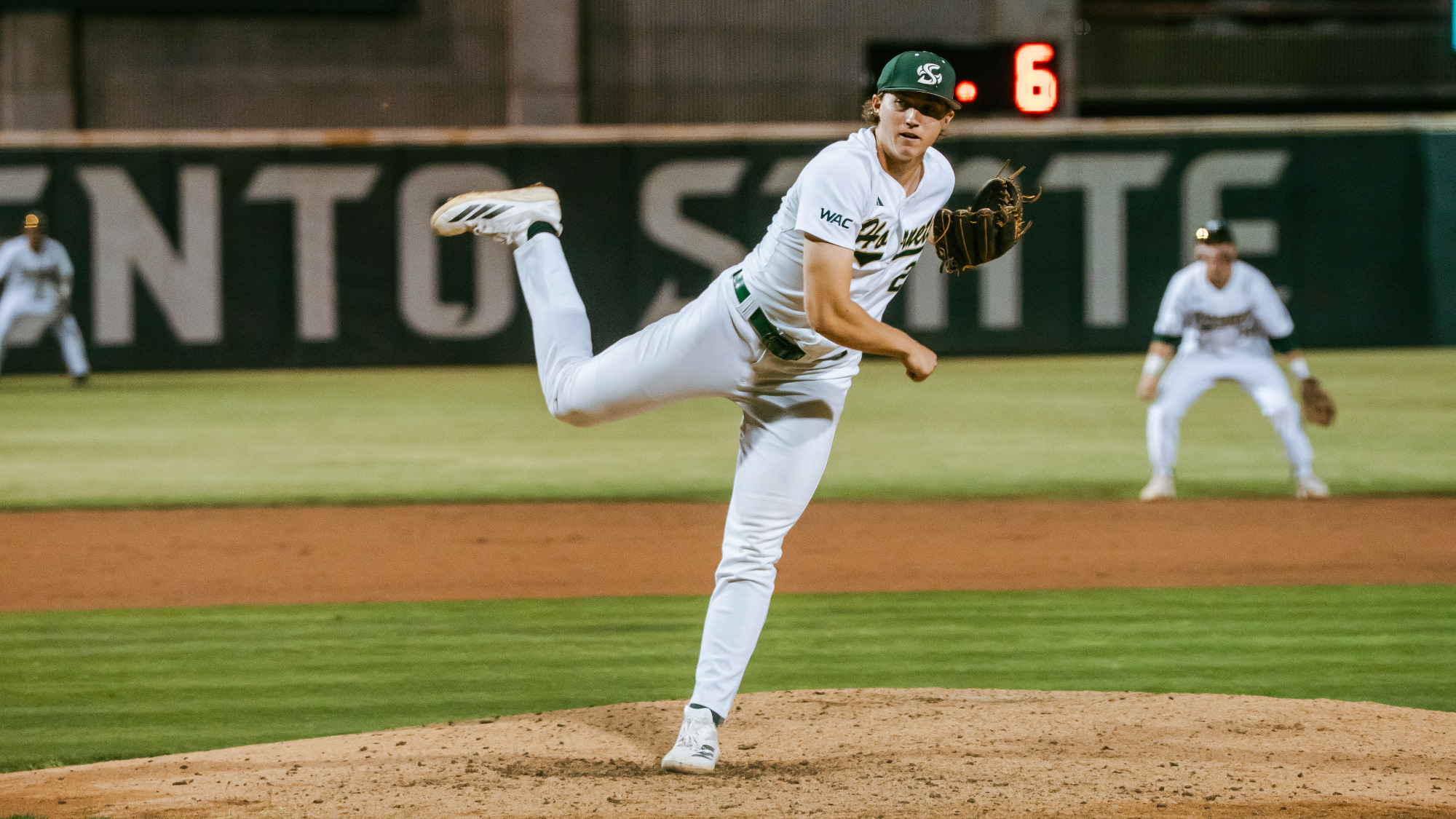 2026 BSB right-hander Ethan Lay throws a pitch during his eight-inning effort against Winthrop in the series opener