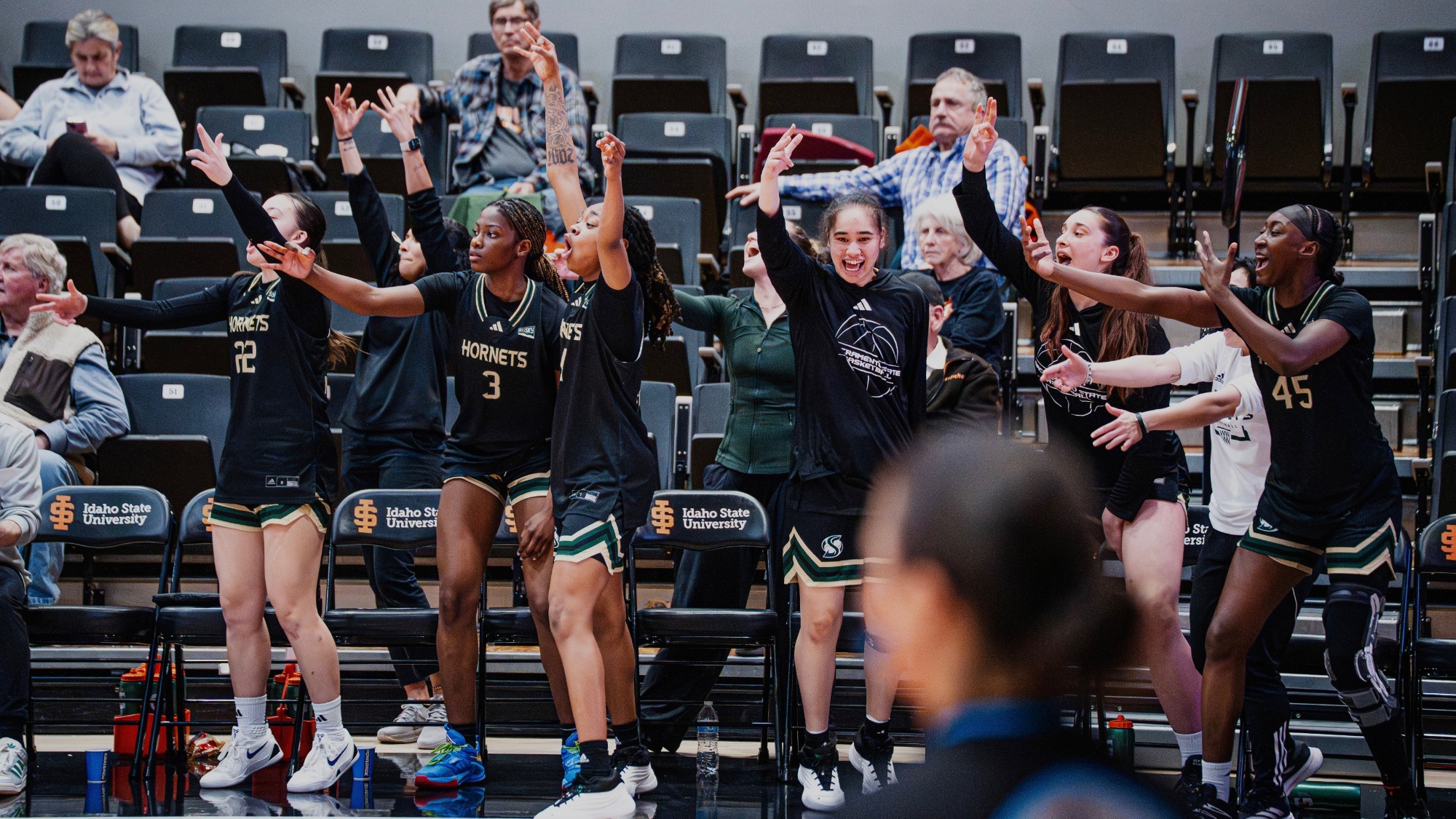 2025-26 WBB Sacramento State's bench celebrates a three-pointer in their win over Idaho State in the regular season finale