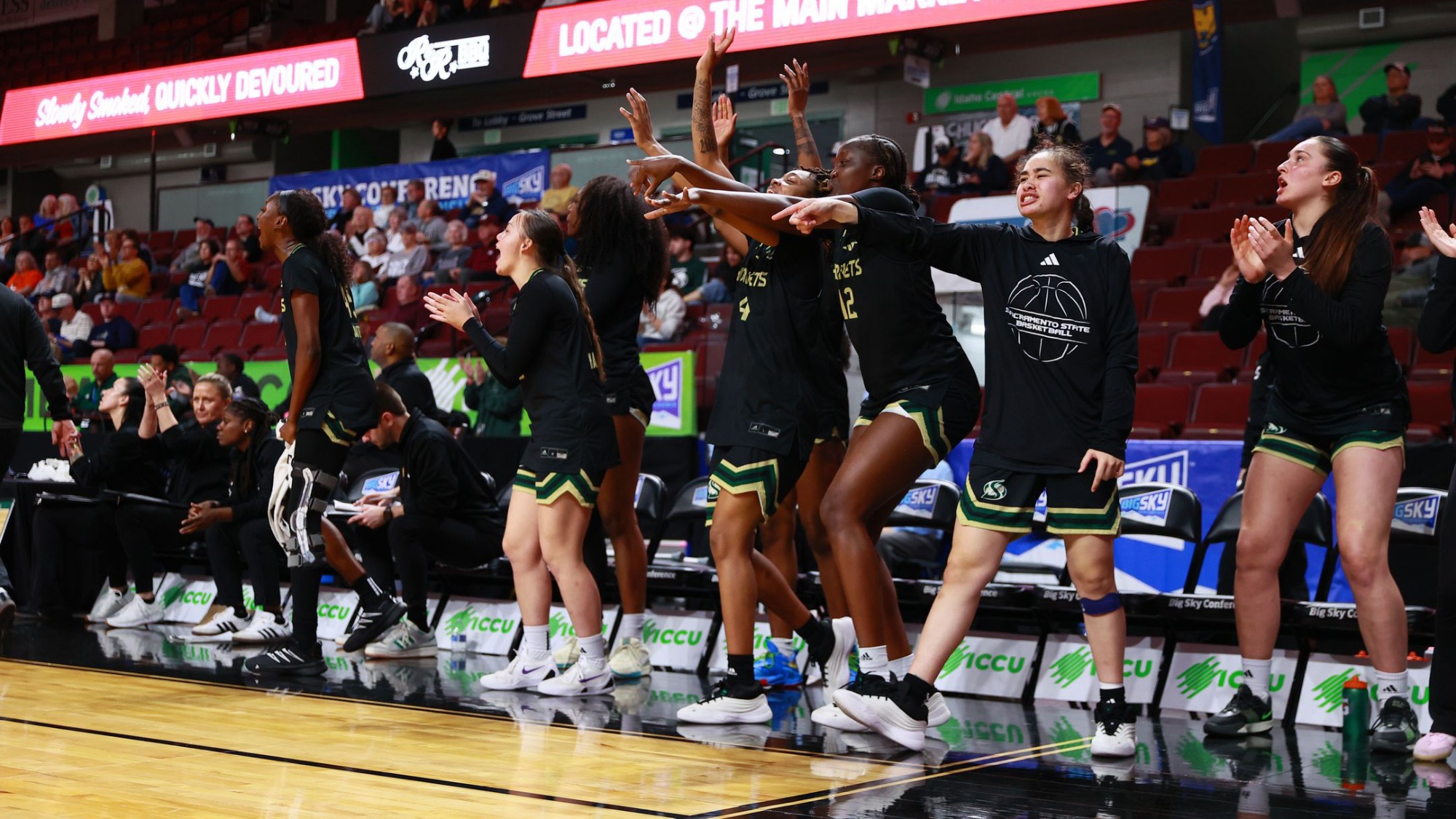 The Hornet bench celebrates a made basket vs. Idaho State in the quarterfinals of the Big Sky Conference Tournament in Boise, Idaho, on March 9, 2026