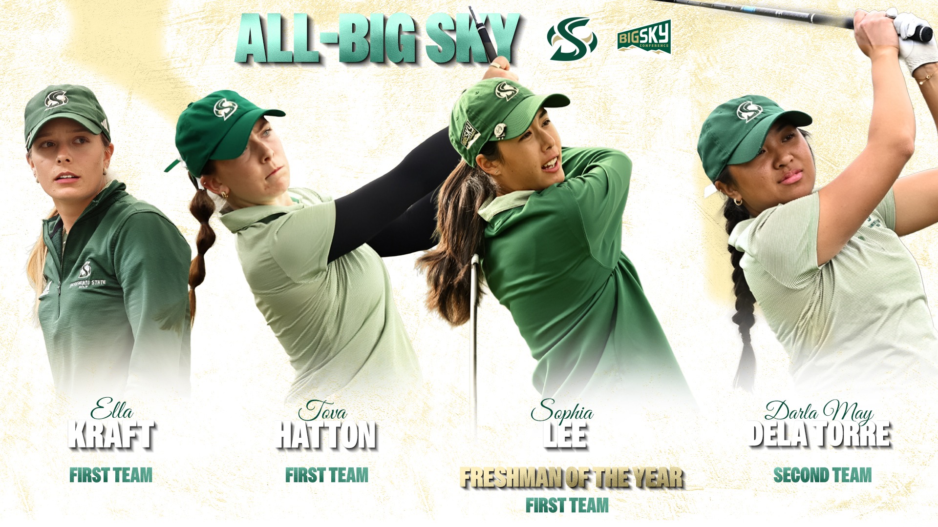 Graphic with images of Ella Kraft, Tova Hatton, Sophia Lee and Darla May Dela Torre listing them as all-Big Sky selections
