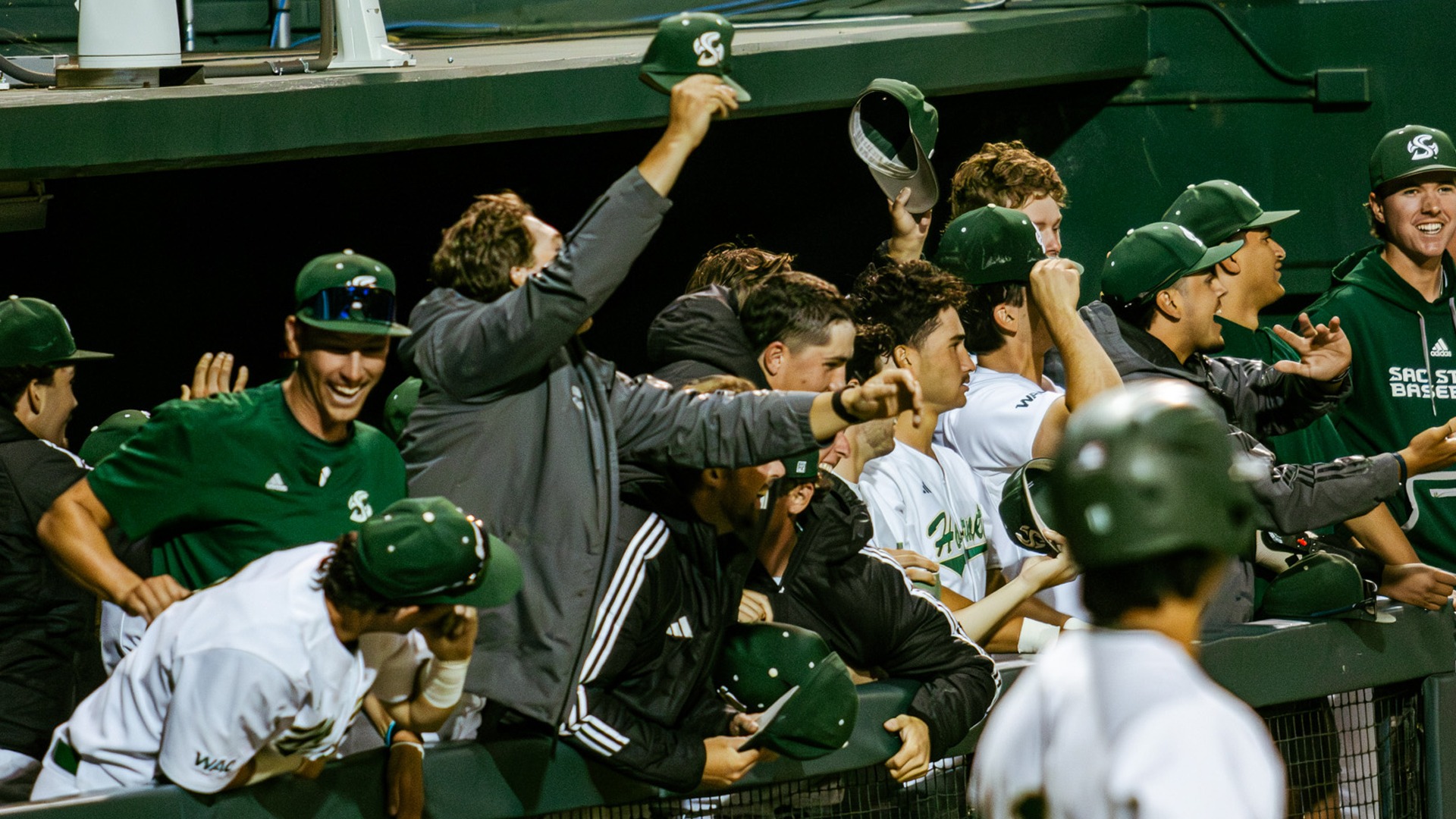 2026 BSB Sacramento State dugout celebrates a run scored in a home game against Nevada