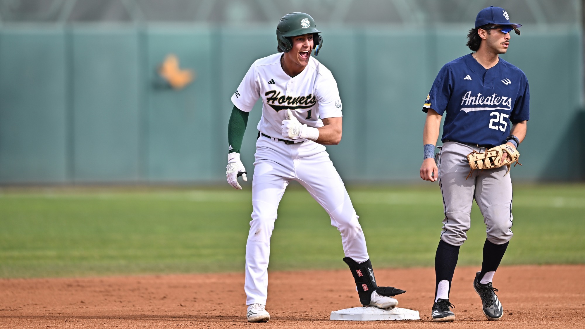 2026 BSB Sam Harry celebrates at second base in the season opener against UC Irvine