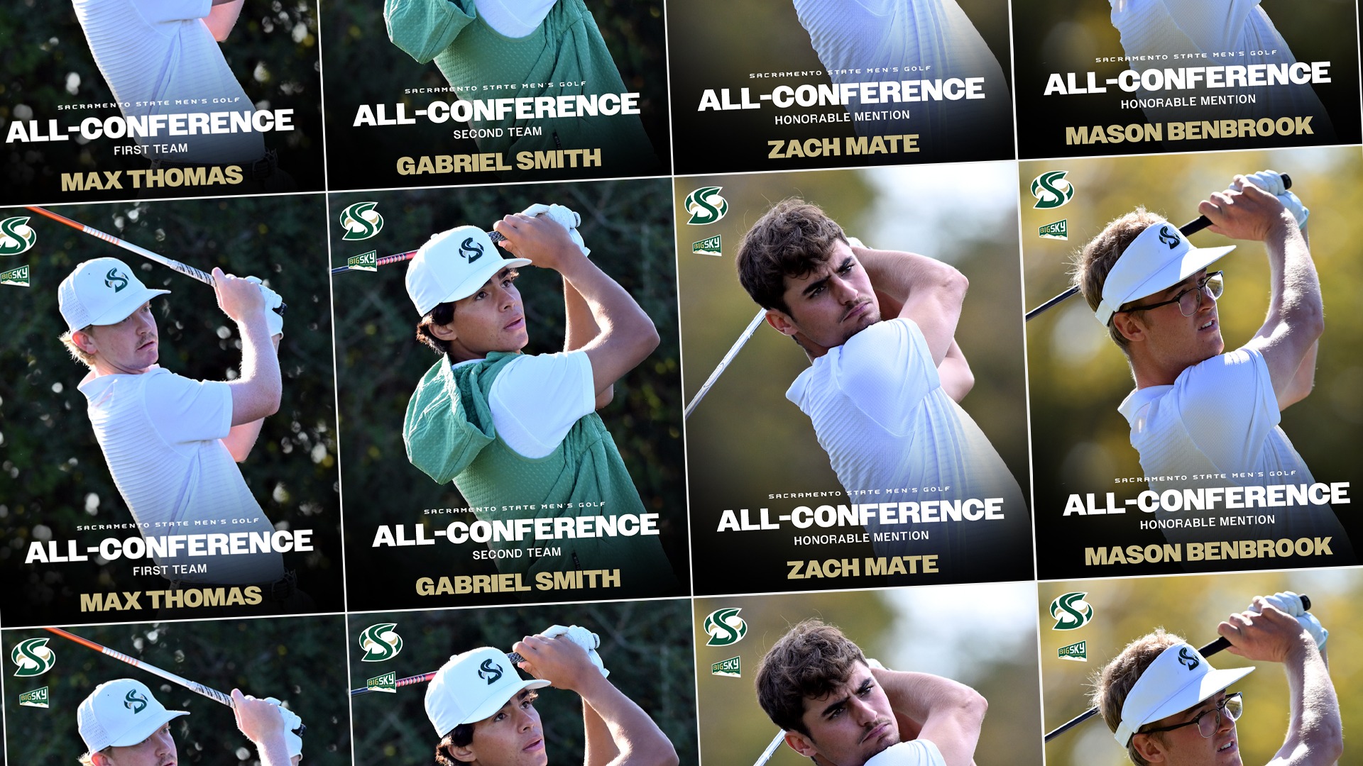 Images of Max Thomas, Gabriel Smith, Zach Mate and Mason Benbrook with text saying all-Big Sky conference