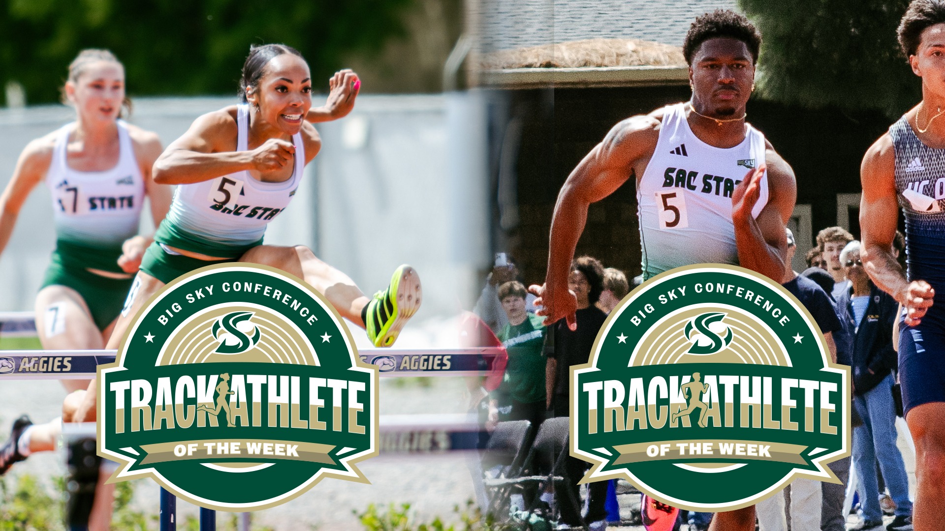 Images of Ava Fitzgerald and Gianni Miles running with logos of Big Sky Track Athletes of the Week in front