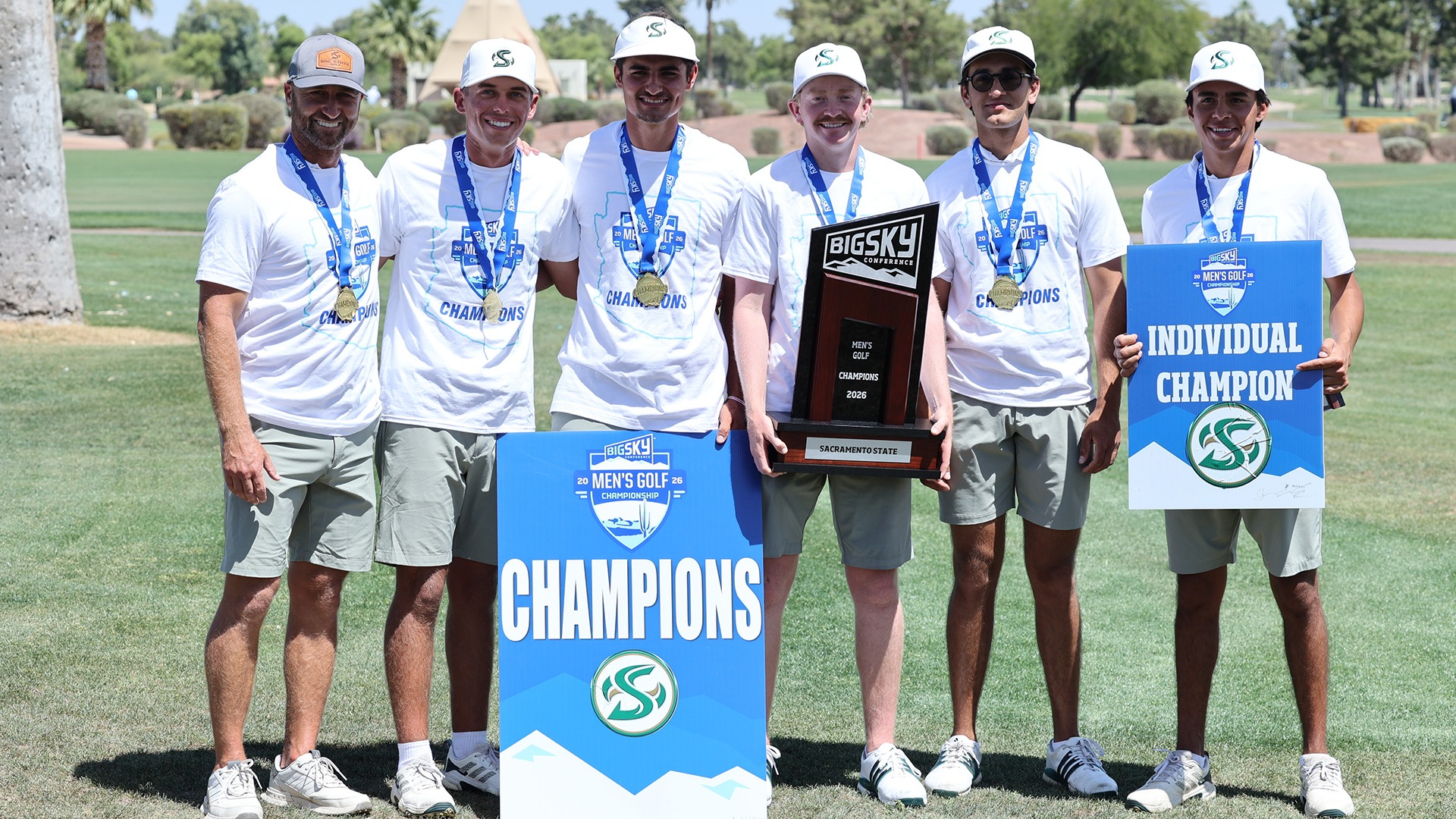 Photo of the Sacramento State men's golf team after winning the Big Sky Championship