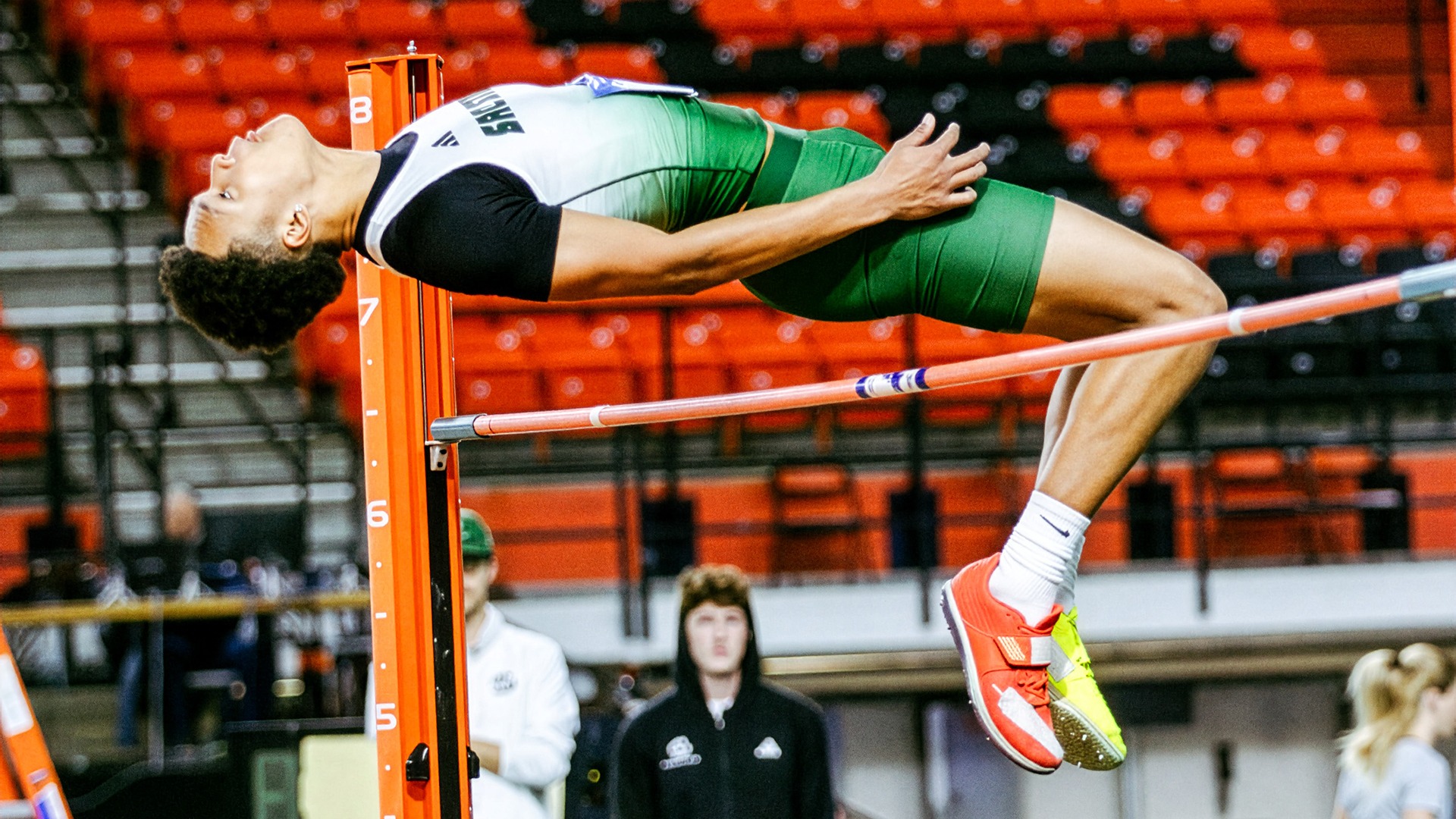 Quinten Mitchell clears a high jump at the Big Sky Indoor Championships