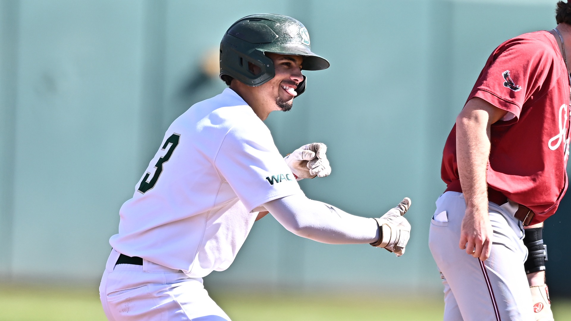 2026 BSB Luis Pimentel-Guerrero celebrates at second base following a double during a game against Saint Joseph's on Feb. 22
