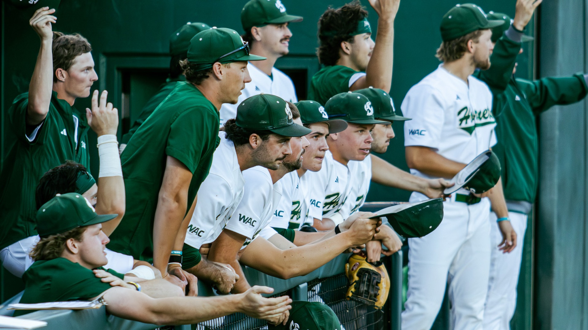 2026 BSB Players line up at the dugout rail during a game against Nevada at home